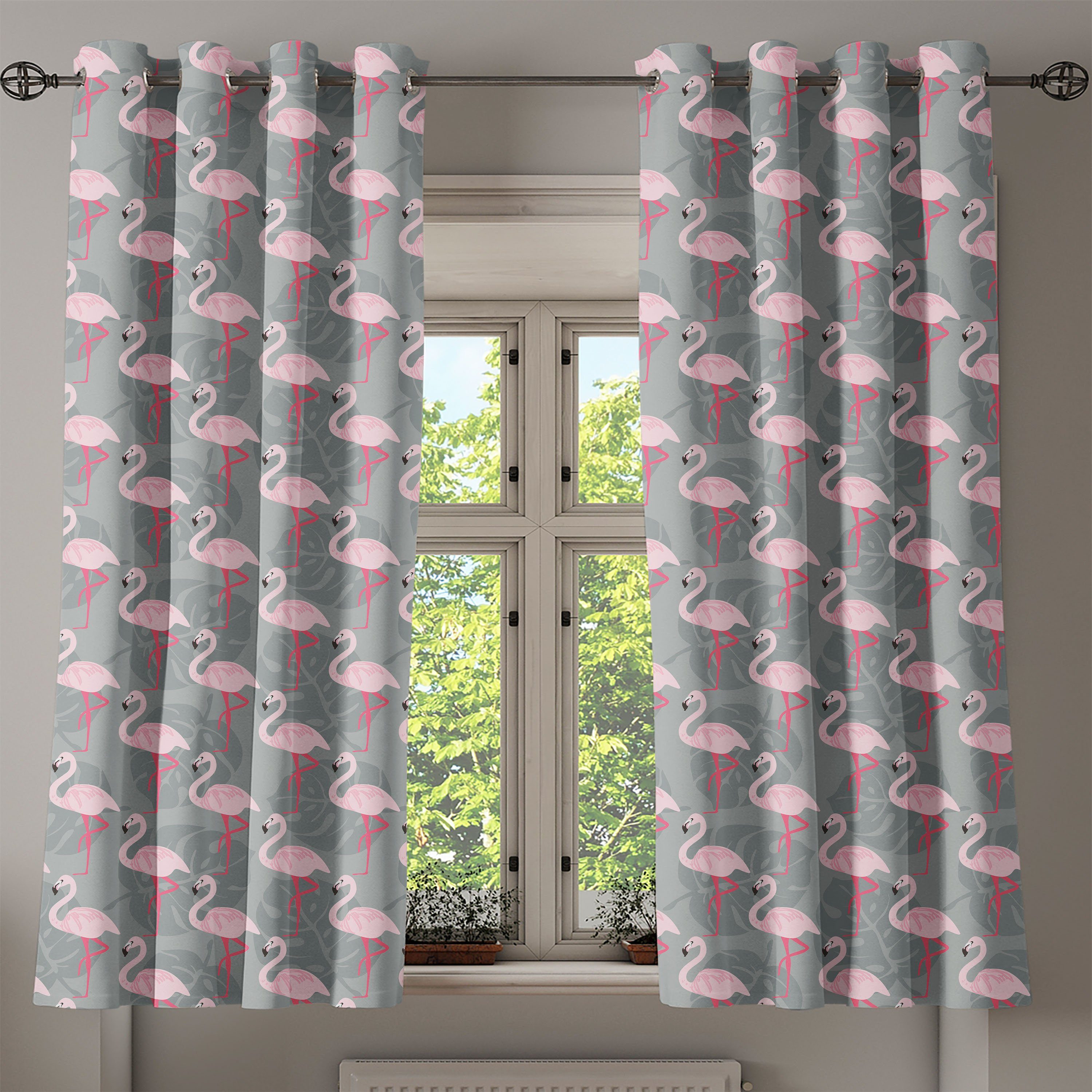 Gardine Dekorative 2-Panel-Fenstervorhänge für Schlafzimmer Abakuhaus, Flamingo Baum-Blätter Wildlife Wohnzimmer