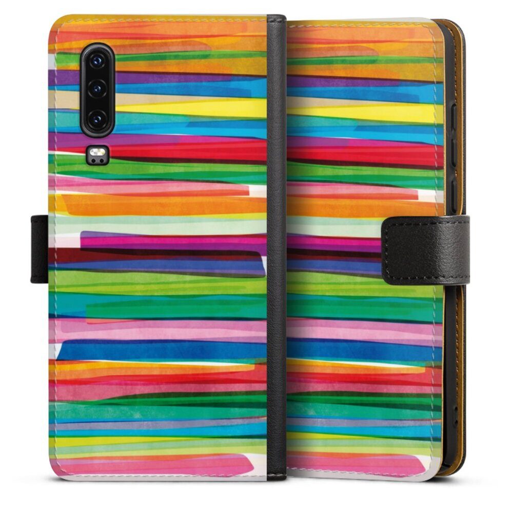 DeinDesign Handyhülle Streifen Wasserfarbe bunt Colorful Stripes1, Huawei P30 Hülle Flip Case Klapphülle Handytasche Leder