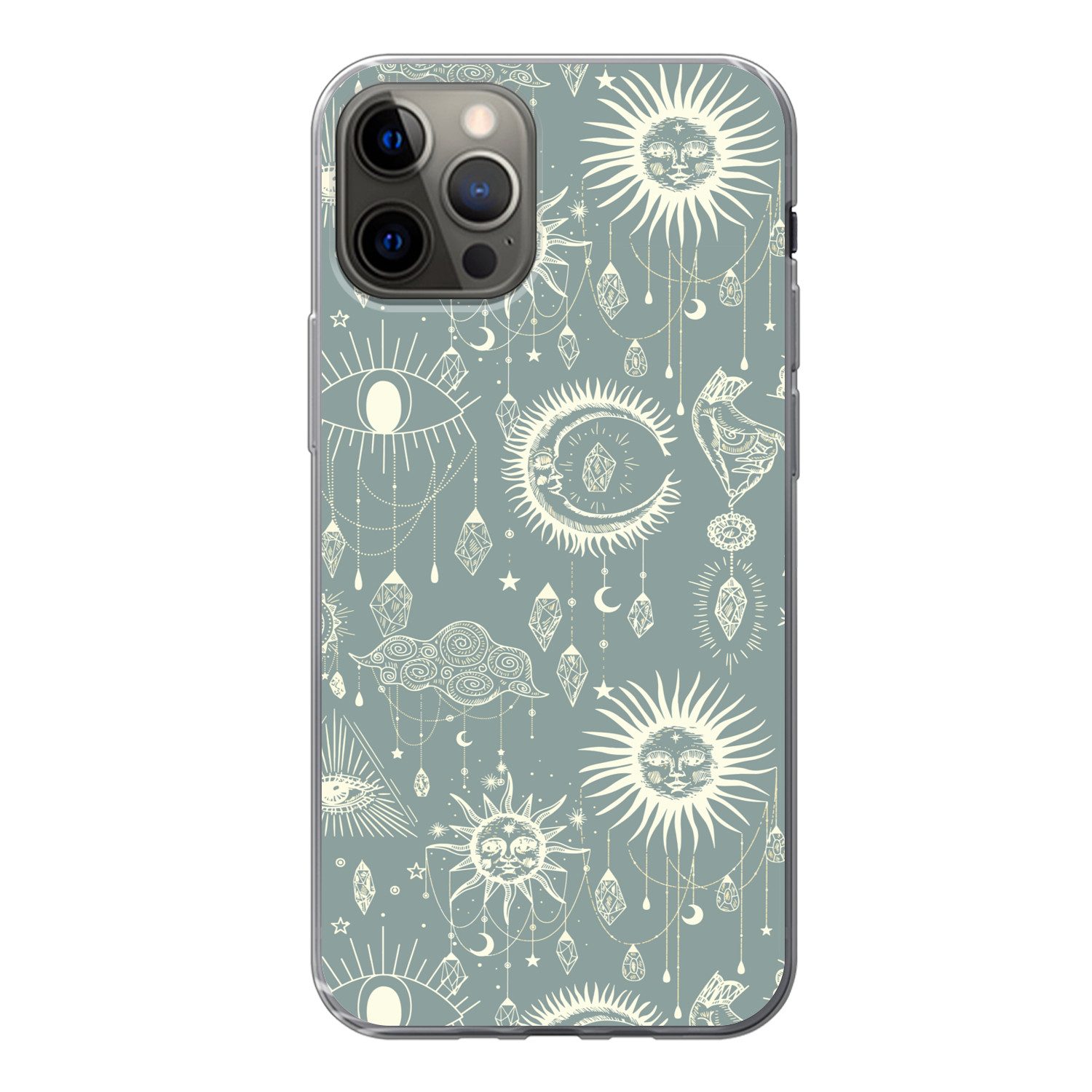 MuchoWow Handyhülle für Apple iPhone 12 Pro Boho - Druck - Blau - Sonne - Augen - Zen, Smartphone-Bumper, Print, Handy Schutzhülle Dünn