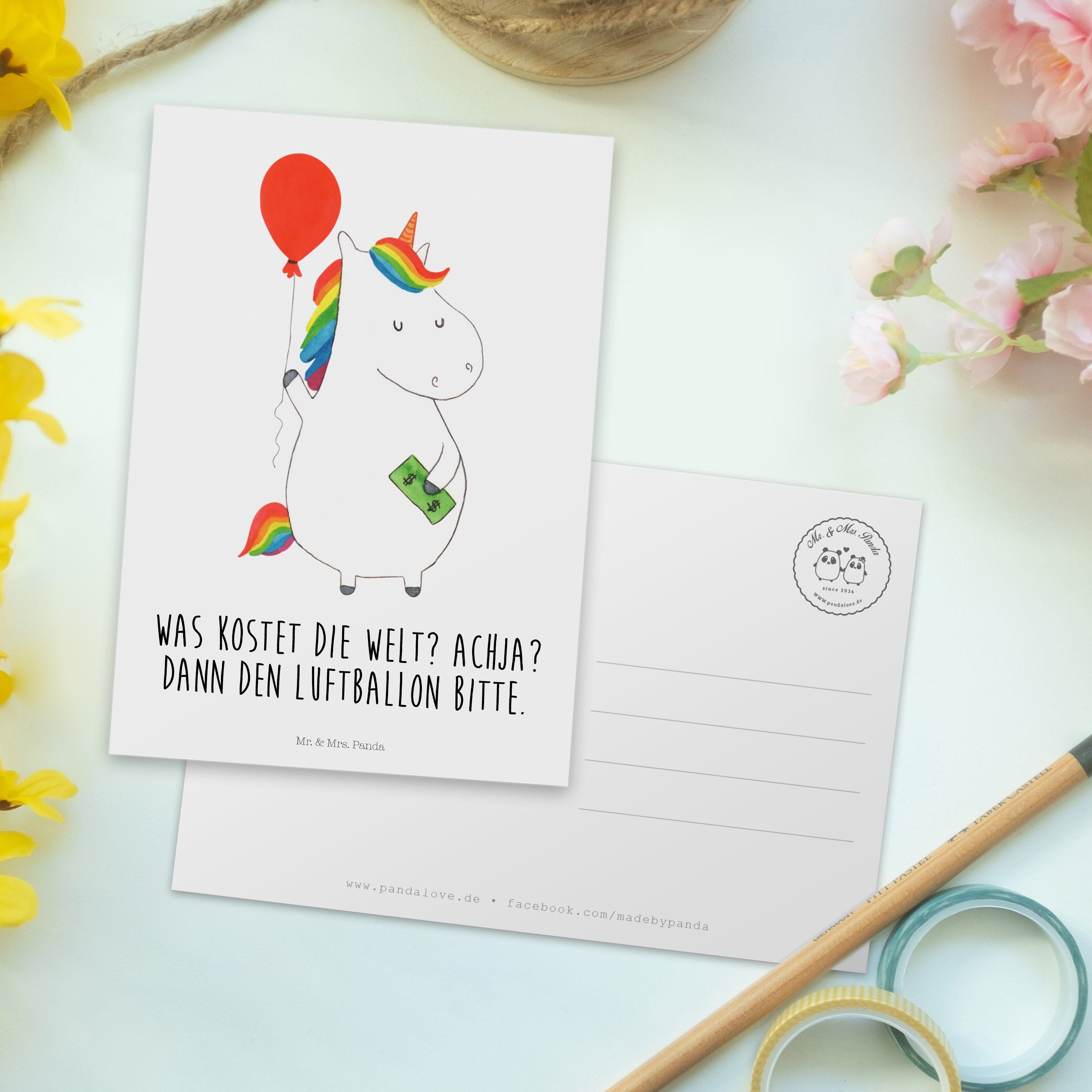 Geschenk, Geburtstagsk & Karte, Mrs. Luftballon Panda Weiß Mr. Einhorn Postkarte - - Lebenslust,