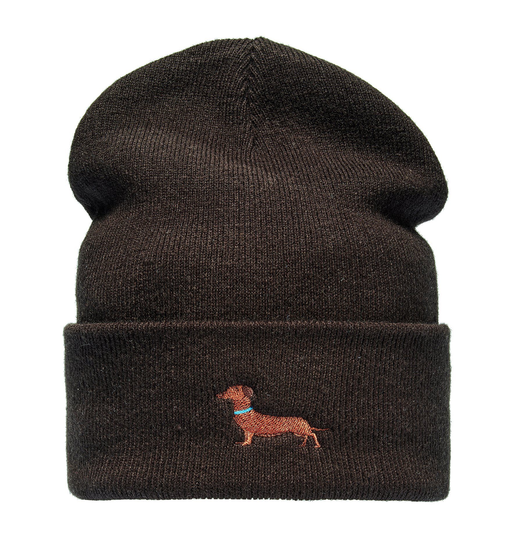 Baddery Beanie Strickmütze: "Dackel" - Geschenk für Hundebesitzer Jäger Geschenke, hochwertiger doppellagiger Strick, Stick-Motiv, One Size