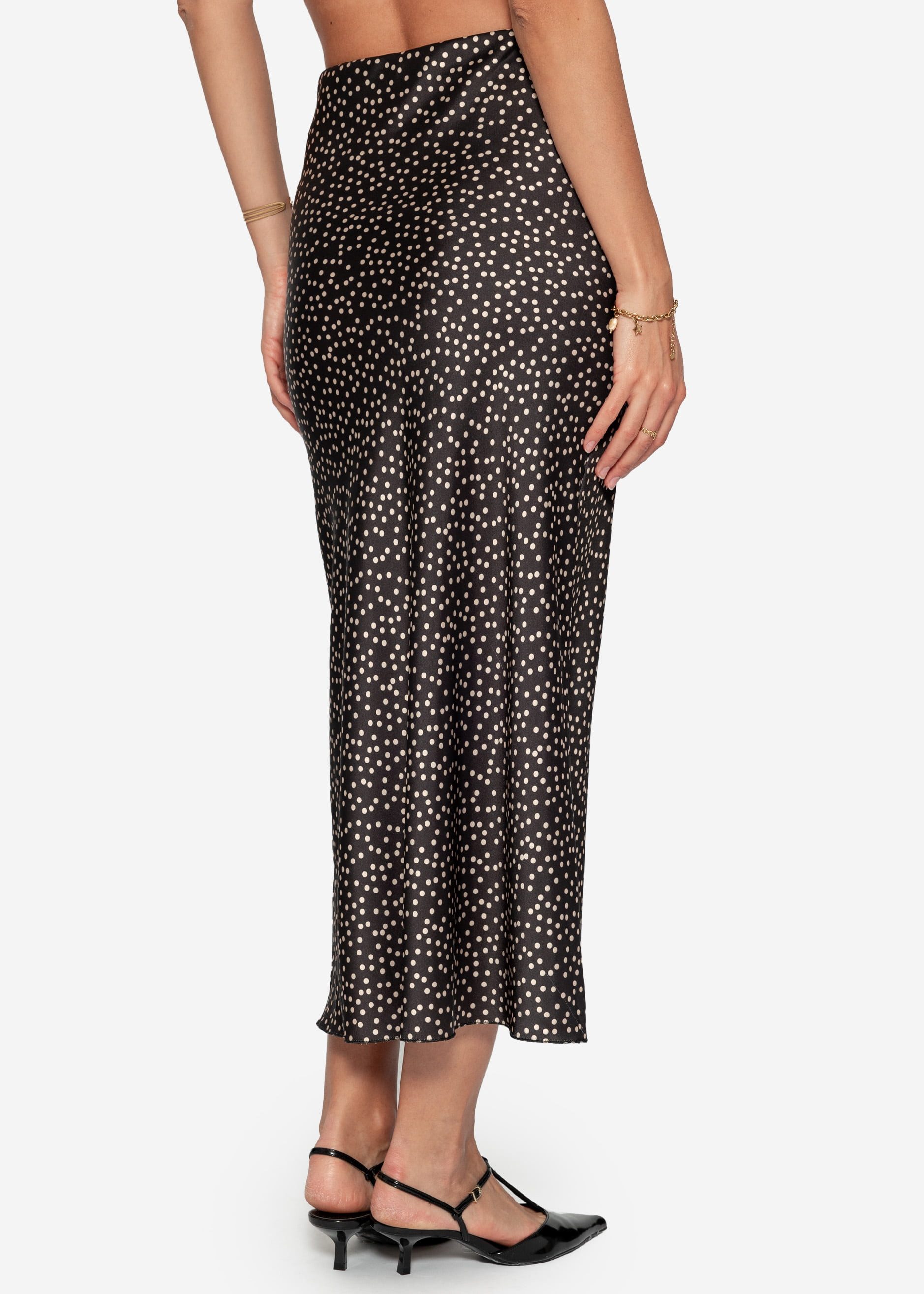 SASSYCLASSY Minirock Midi Satinrock Damen Elegant mit Punktmuster A-Linie Rock lang aus Satin mit Gummibund in Punktedesign Schwarz Weiß