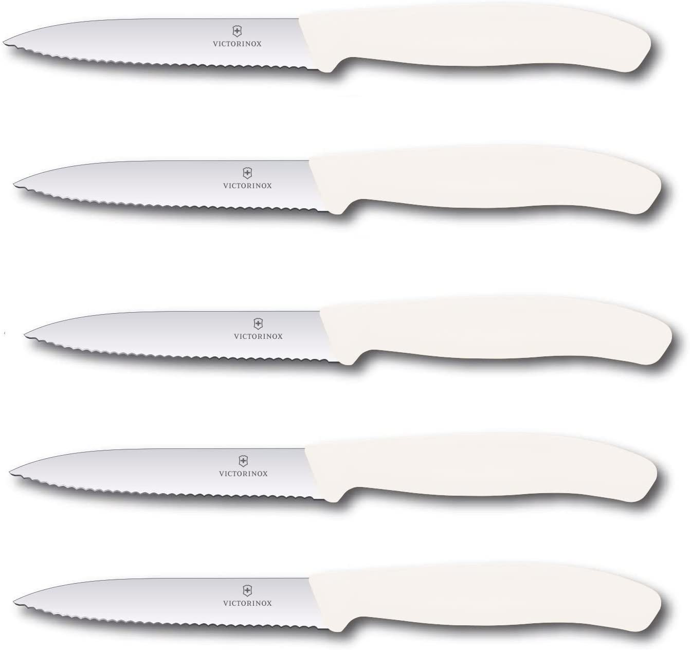 Victorinox Tafelmesser Swiss Classic Gemüsemesser Set 10 cm Wellenschliff, 5er Set ideal für präzises Schneiden und Schälen, perfekt für Tomaten, Weiß