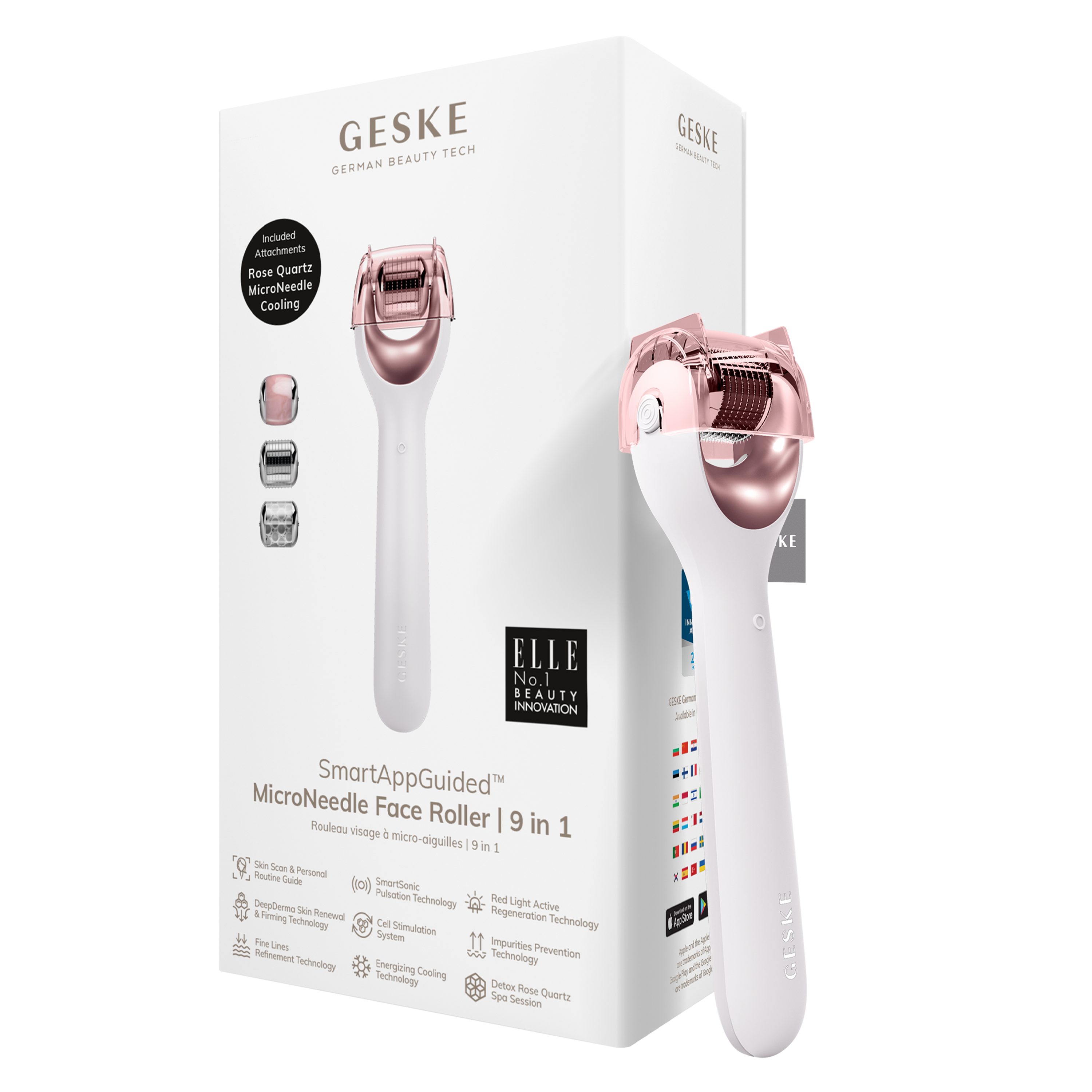 GESKE German Beauty Tech Micro-Needling SmartAppGuided™ MicroNeedle Face Roller 9 in 1, Packung (Gerät & USB-Ladekabel), 2-tlg., Gerät inkl. kostenloser APP (SmartAppGuided Device), Mit der GESKE App erhältst Du deine personalisierte Hautpflegeroutine. Starlight