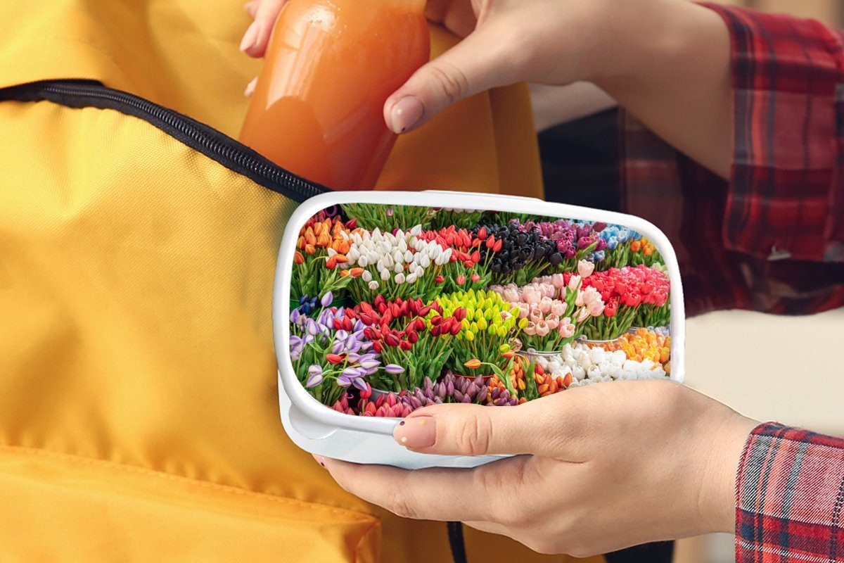 Farben, und Lunchbox Mädchen MuchoWow Blumen - und Jungs (2-tlg), Brotdose, - für Kinder Kunststoff, Tulpen Brotbox weiß Erwachsene, für