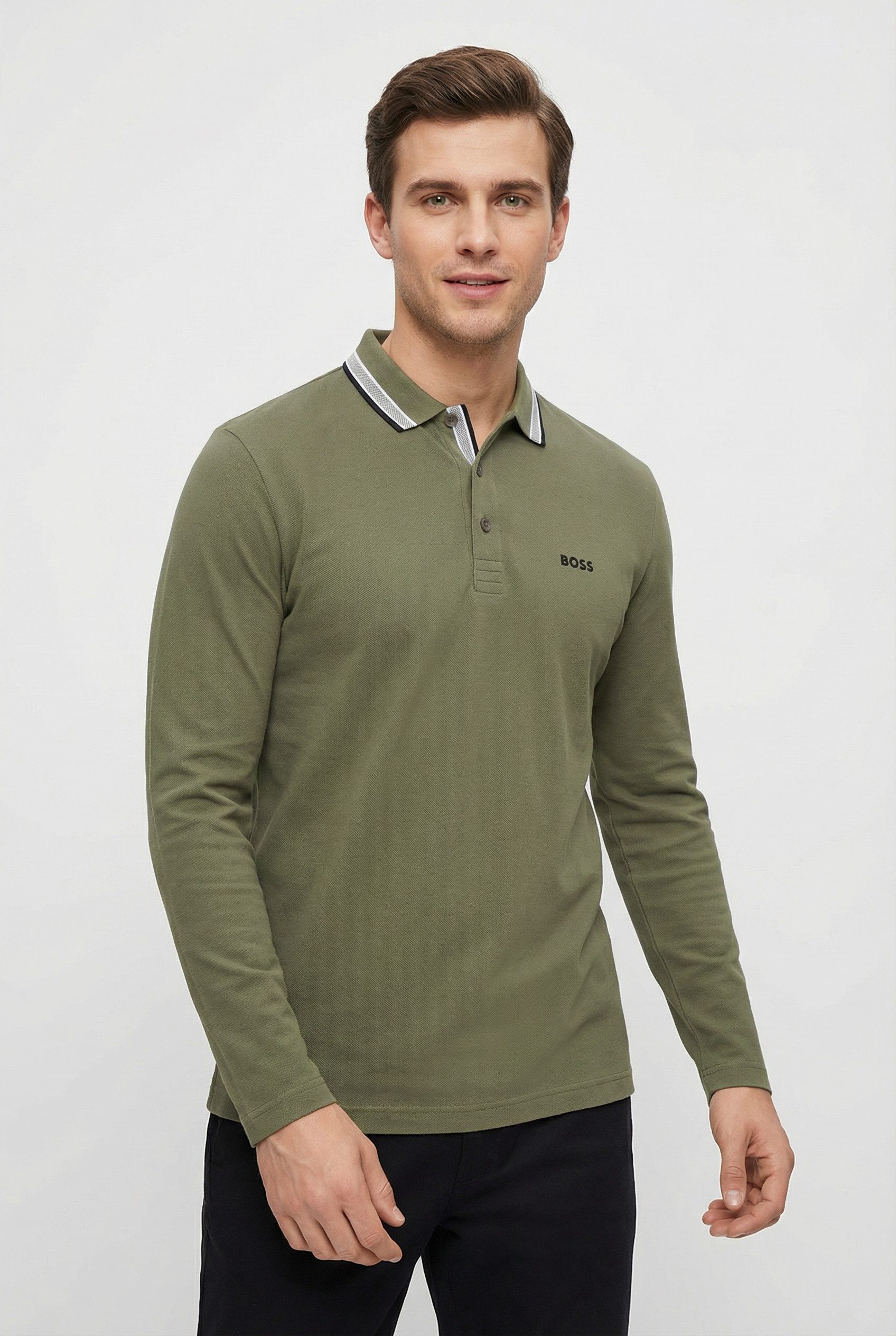 BOSS GREEN Langarm-Poloshirt Plisy mit Streifen am Kragen günstig online kaufen