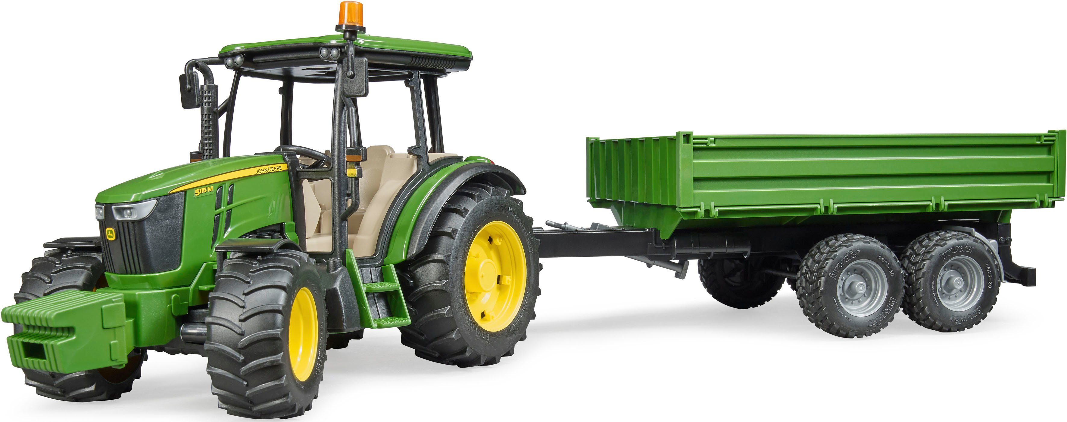 Spielzeug-Traktor in mit Bordwandanhänger, John Deere 5115M Germany Bruder® Made