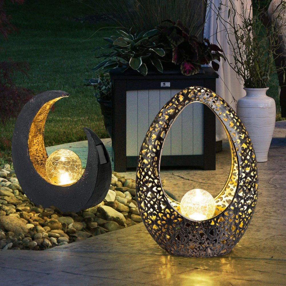 GLOBO LIGHTING LED Solarleuchte, LED-Leuchtmittel fest verbaut, Warmweiß, Solarlampe Außenlampe Gartenlampe LED Mondsichel Deko Skulptur 2er Set
