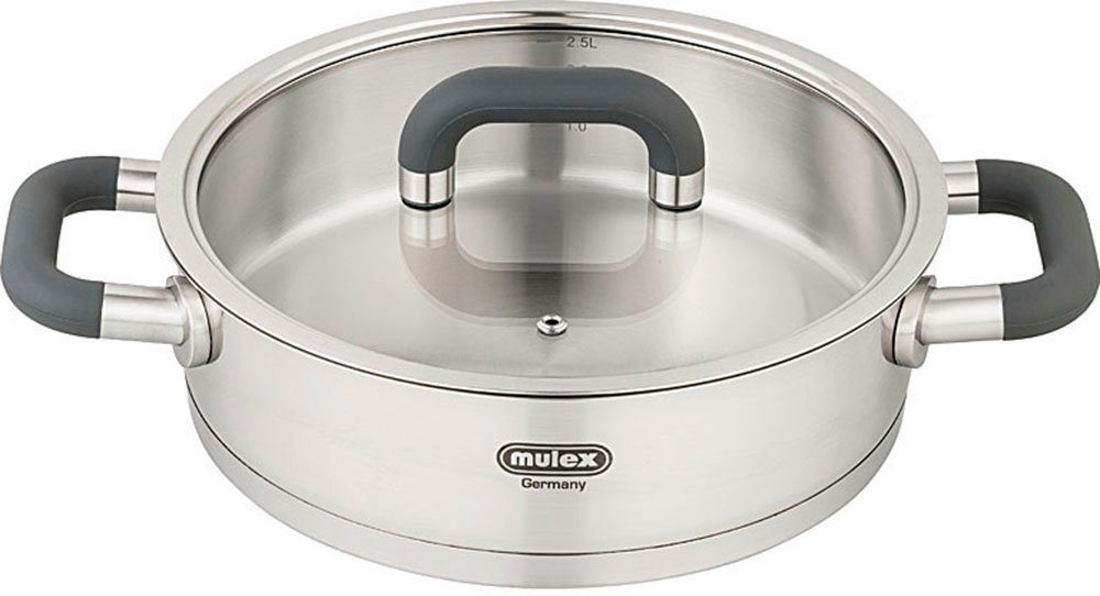Mulex Servierpfanne LUGANO, Edelstahl 18/10, Glasdeckel, Schüttrand, Kapselboden, Ø 24 cm, 5 Liter, Induktion
