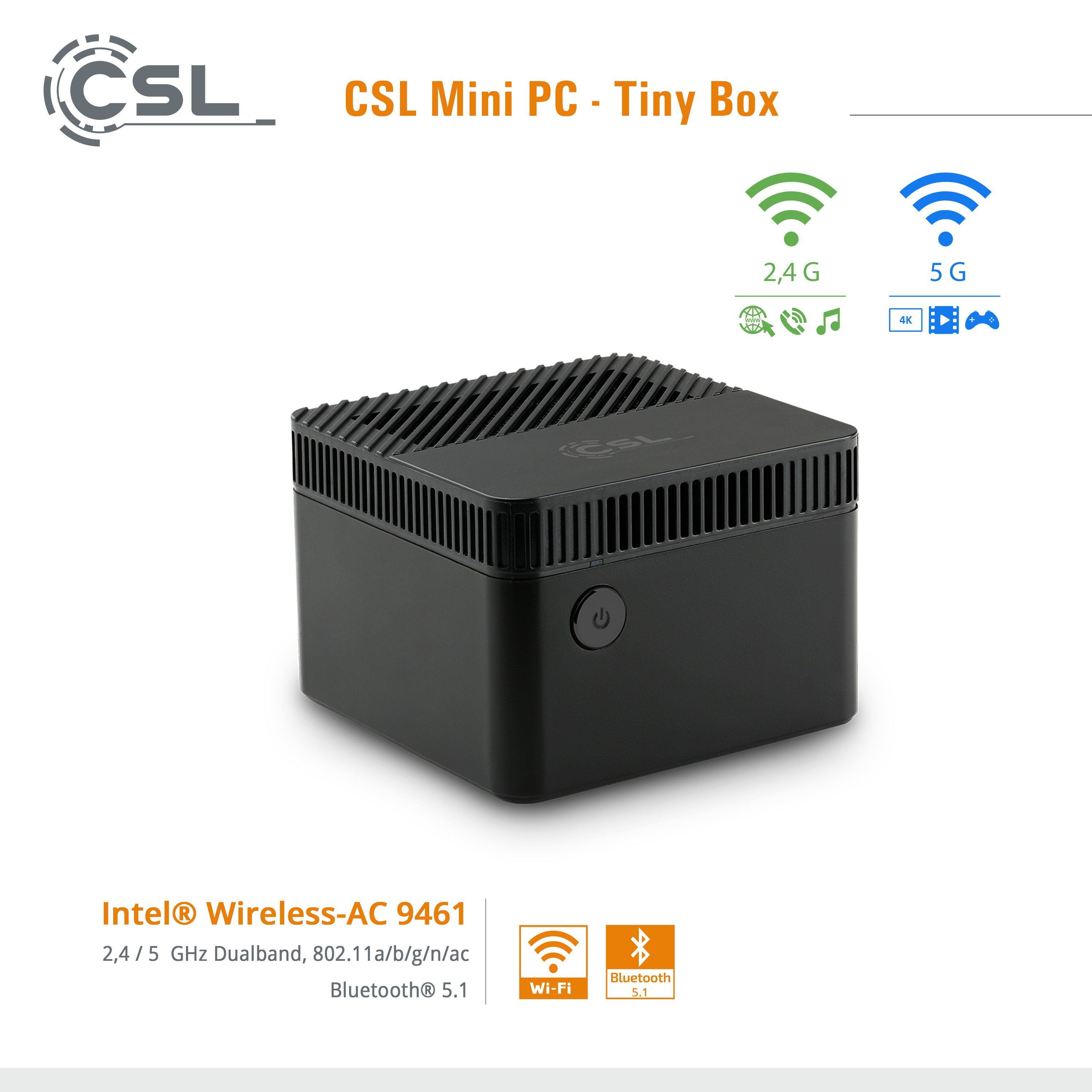 CSL Tiny Box Mini-PC (Intel® Celeron N4120, Intel HD Graphics 600, 4 GB RAM, 256 GB SSD, passiver CPU-Kühler, 2m HDMI Kabel)