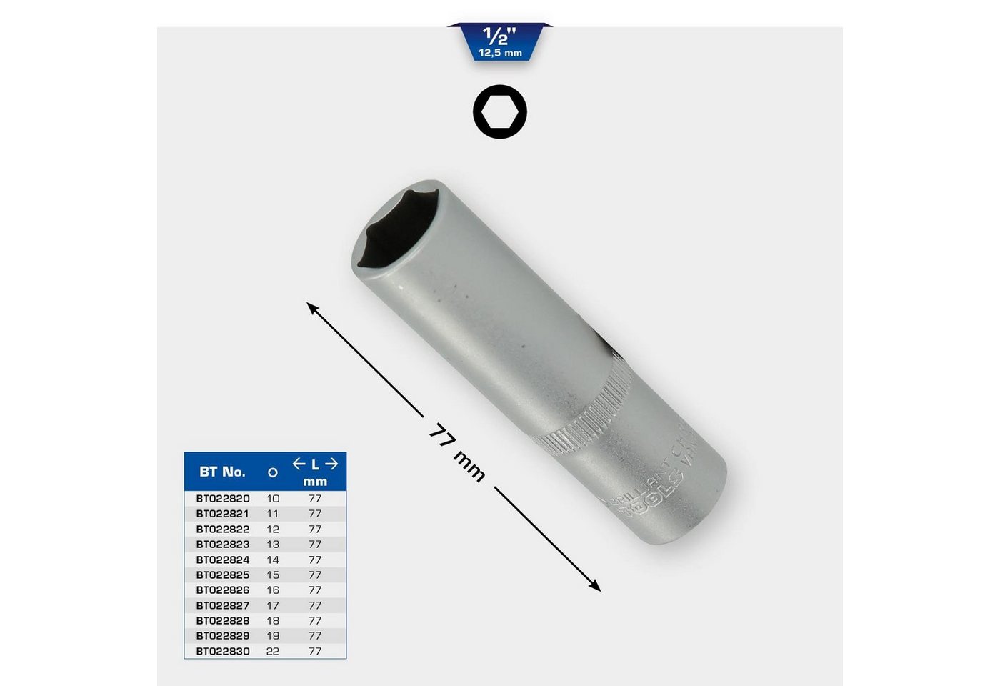 Thumbnail - Brilliant Tools Stecknuss 1/2" Sechskant-Stecknuss, lange Ausführung, 13 mm
