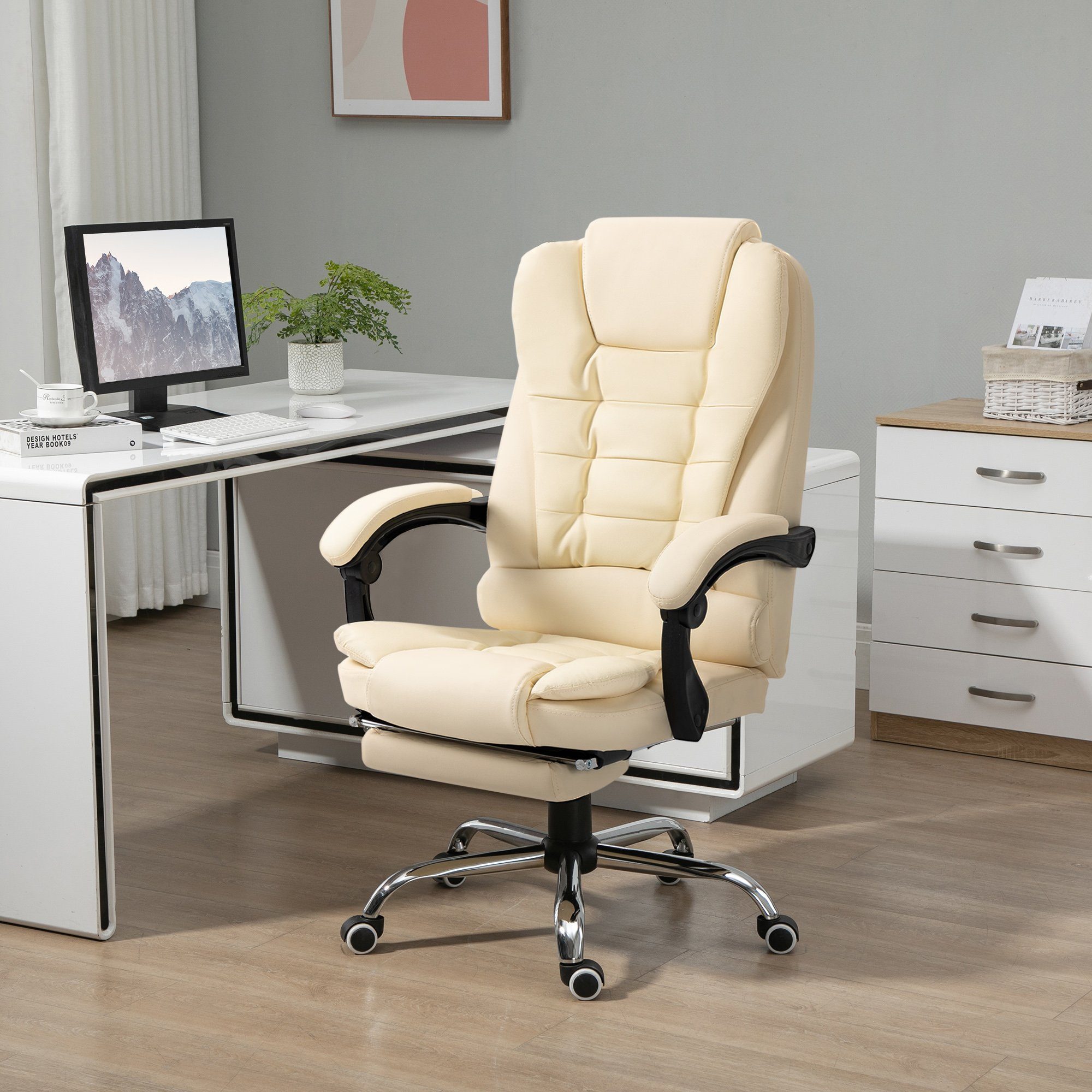 HOMCOM Schreibtischstuhl mit Fußstütze, Neigefunktion, höhenverstellbarer (Chefsessel, 1 St), Drehstuhl für Büro, Kunstleder, Cremeweiß