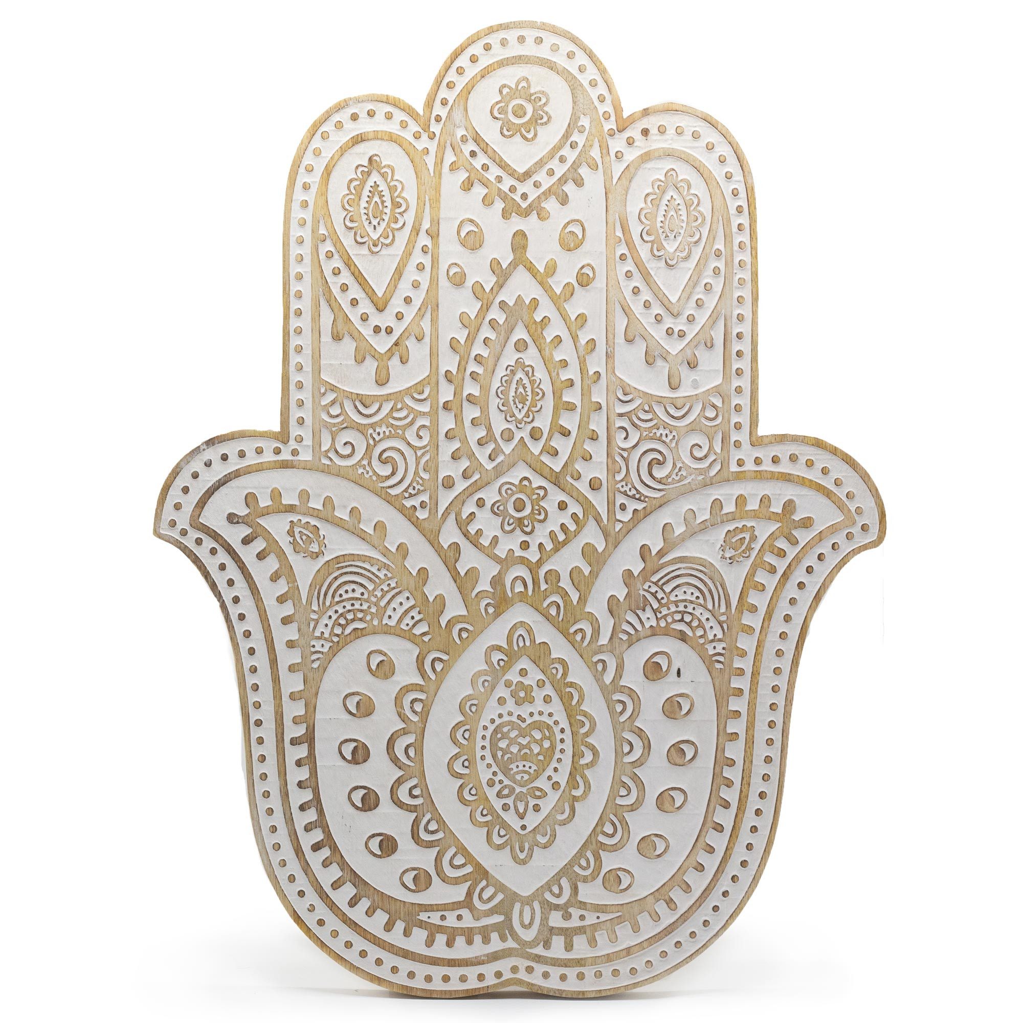 Wanddekoobjekt Wandtafel Hamsa aus Mangoholz – Weiß getüncht – 52 cm