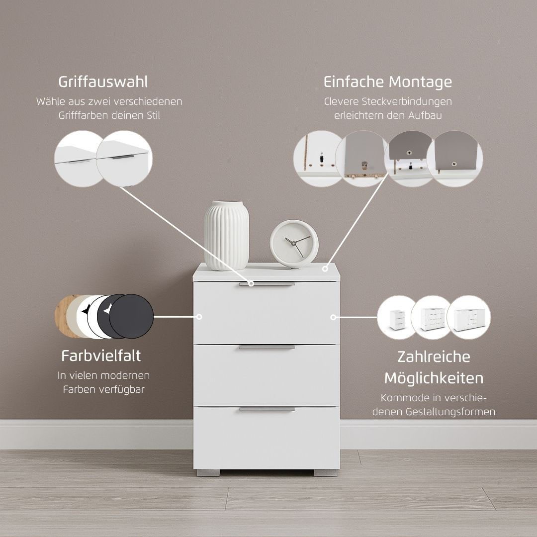 OTTO home Nachtkommode Nachttisch Nachtkonsole AGORDO in Dekor- oder Hochglanzfront (in zwei Griff-Farben, Breite 40 cm), mit 3 geräumigen Schubladen für viel Stauraum MADE IN GERMANY