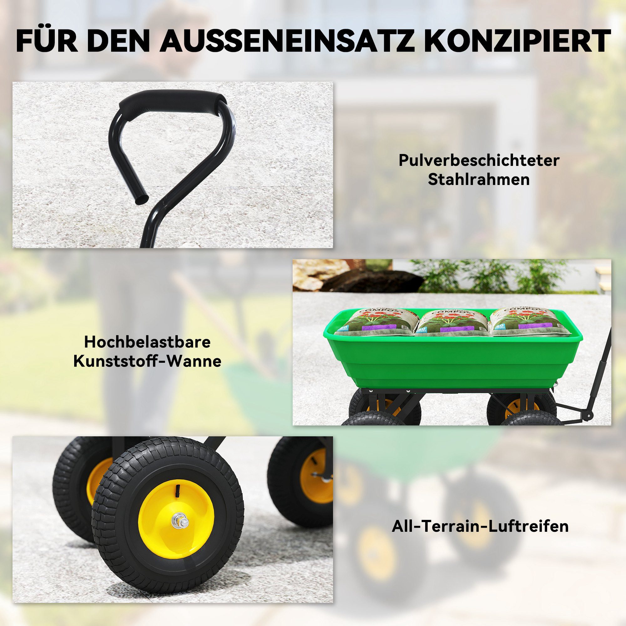 Outsunny Bollerwagen Transportwagen mit Kippfunktion bis 200 kg, Gartenkarre Dumper (Handwagen, 1-tlg., Gartenwagen), für Gartenarbeit Rasen Dunkelgrün – Bild 5 von 5