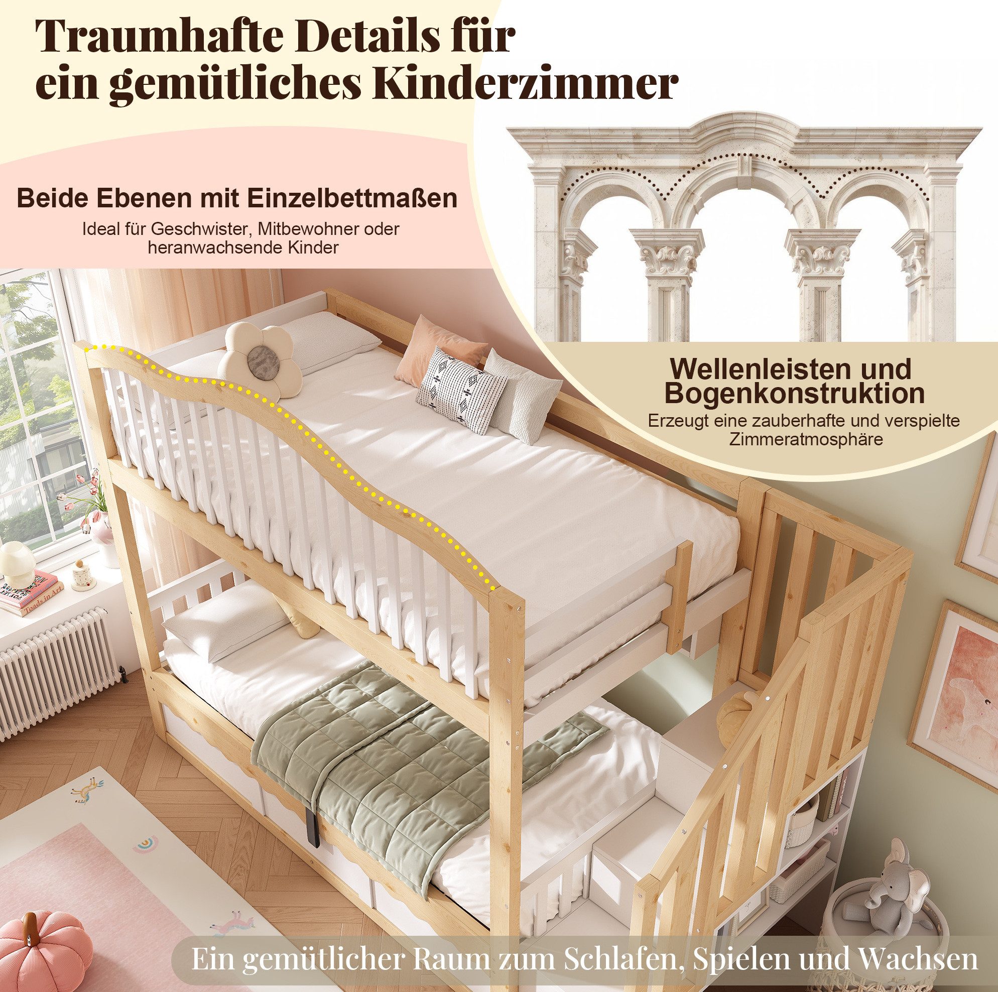 MODFU Etagenbett Kompaktes Kinder-Hochbett – 252×98×170 cm mit Stauraum & Treppe (Packung, Weiß+Eiche, ohne Matratze, für Kinderzimmer & Gäste), 2×90×200 cm, Regale, Hydraulik, sicher