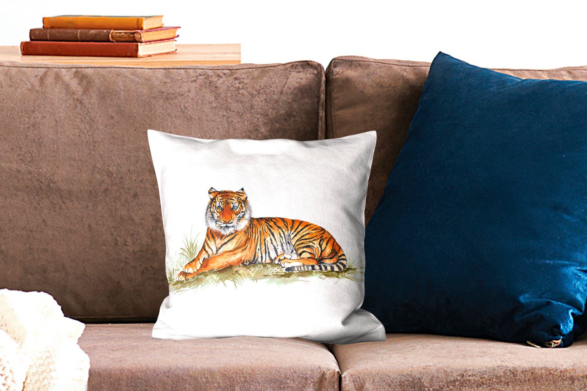 MuchoWow Dekokissen Tiger Wohzimmer, Orange Schlafzimmer, Deko, - Füllung Sofakissen - für mit Gras, Zierkissen