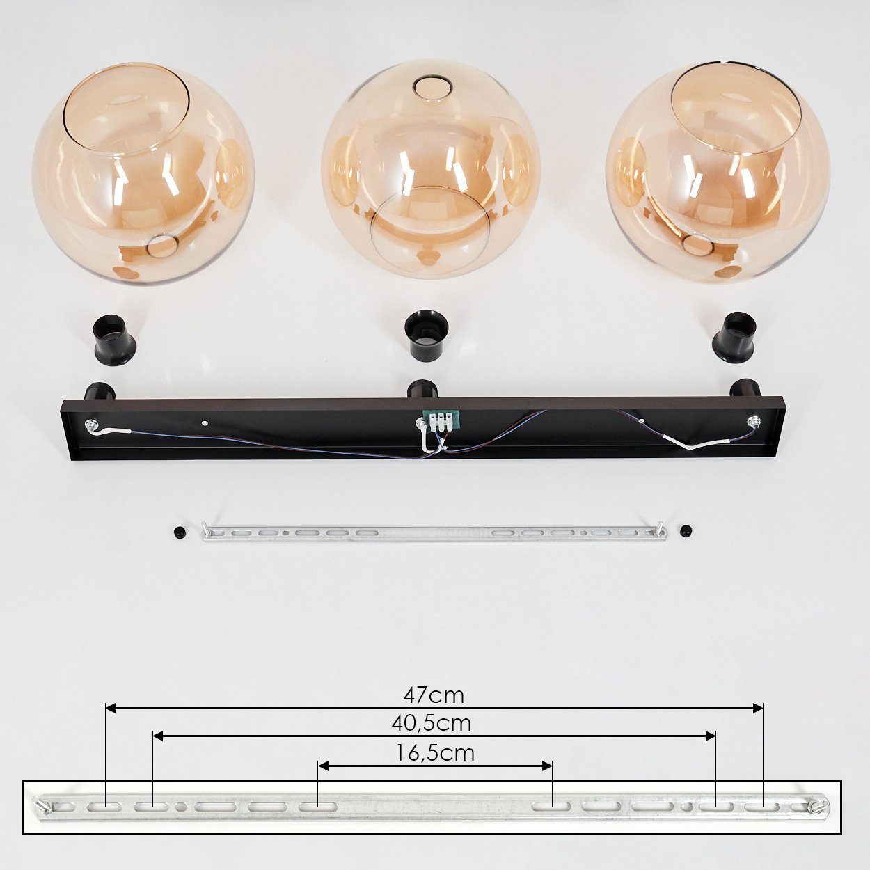 Retro/Vintage-Design Glas hofstein Deckenlampe Schirmen mit Leuchtmittel, in ohne Leuchte Metall/Glas (25cm), aus »Cesaro« 3xE27 Schwarz/Bernsteinfarben/Klar, im aus Deckenleuchte
