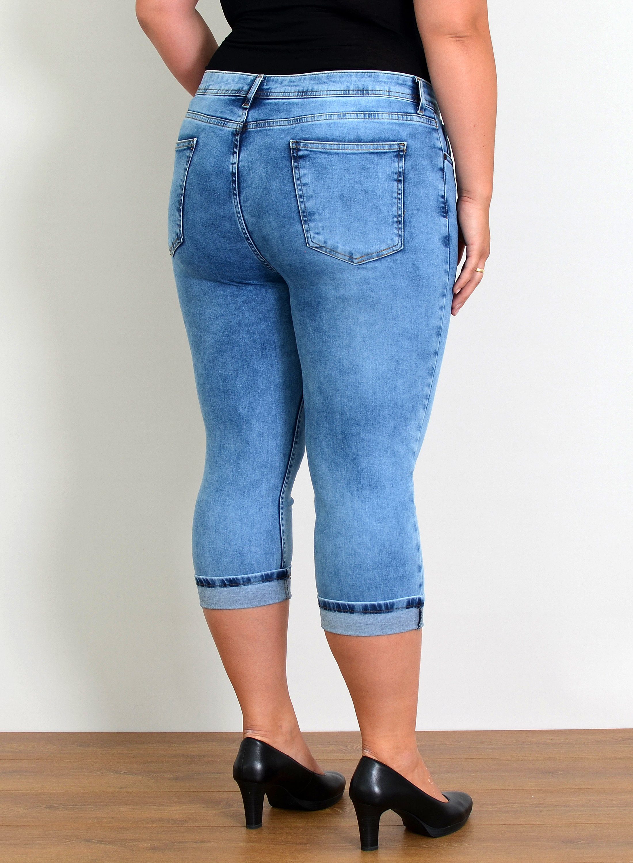 ESRA Caprijeans Capri Jeans Damen High Waist Hose 3 4 Jeans Damen Sommer bis Übergröße Sommer Damen Jeans Capri Hose Damen 3/4 Hose hoher Bund Große Größe