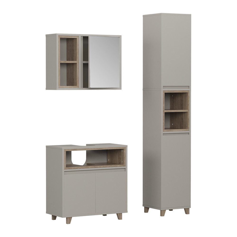Vicco Badmöbel-Set Elnor, Greige/Eiche, 3 Teile mit Hochschrank, (3-St., 3e günstig online kaufen