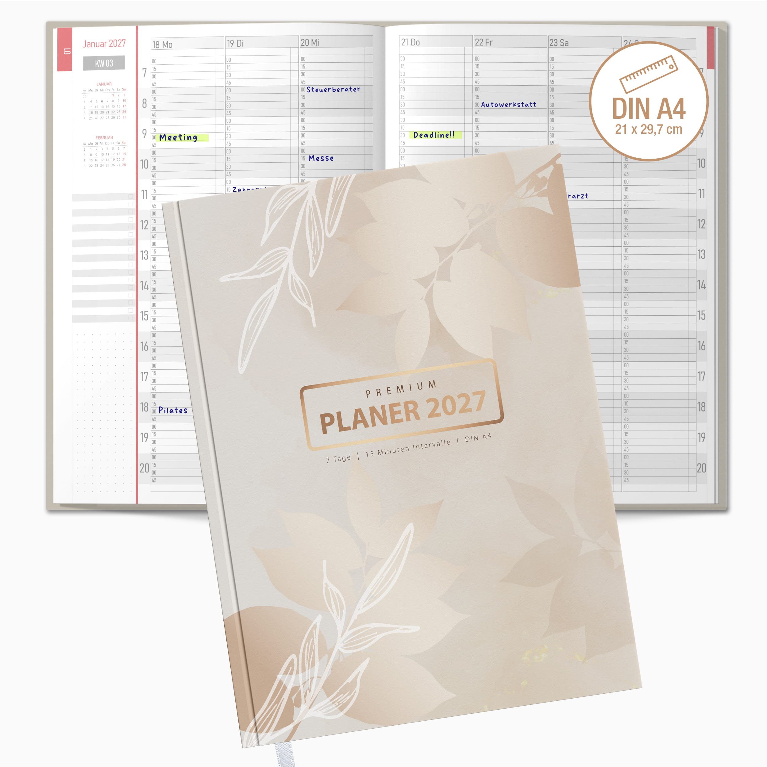 TOBJA Buchkalender Praxisplaner 2027 A4 Bloom Premium Hardcover Kosmetik 15 Min Takt FSC, Premium Hardcover Layflat, A4, 15-Min-Takt, FSC, 23 Mitarbeiter-Plan