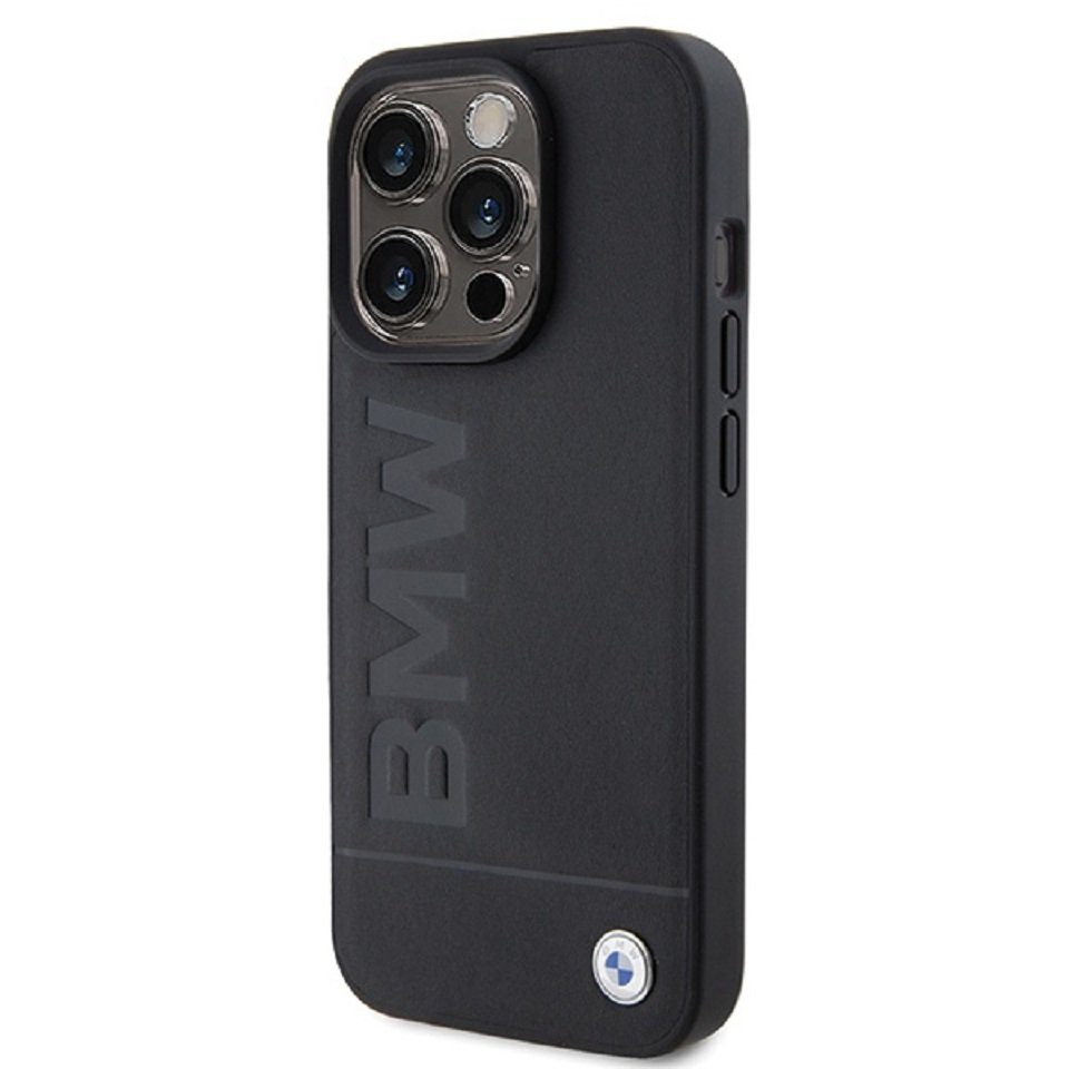 BMW Handyhülle Case iPhone 15 Pro Max Echtleder schwarz Logo Metall 6,7 Zoll, Kantenschutz