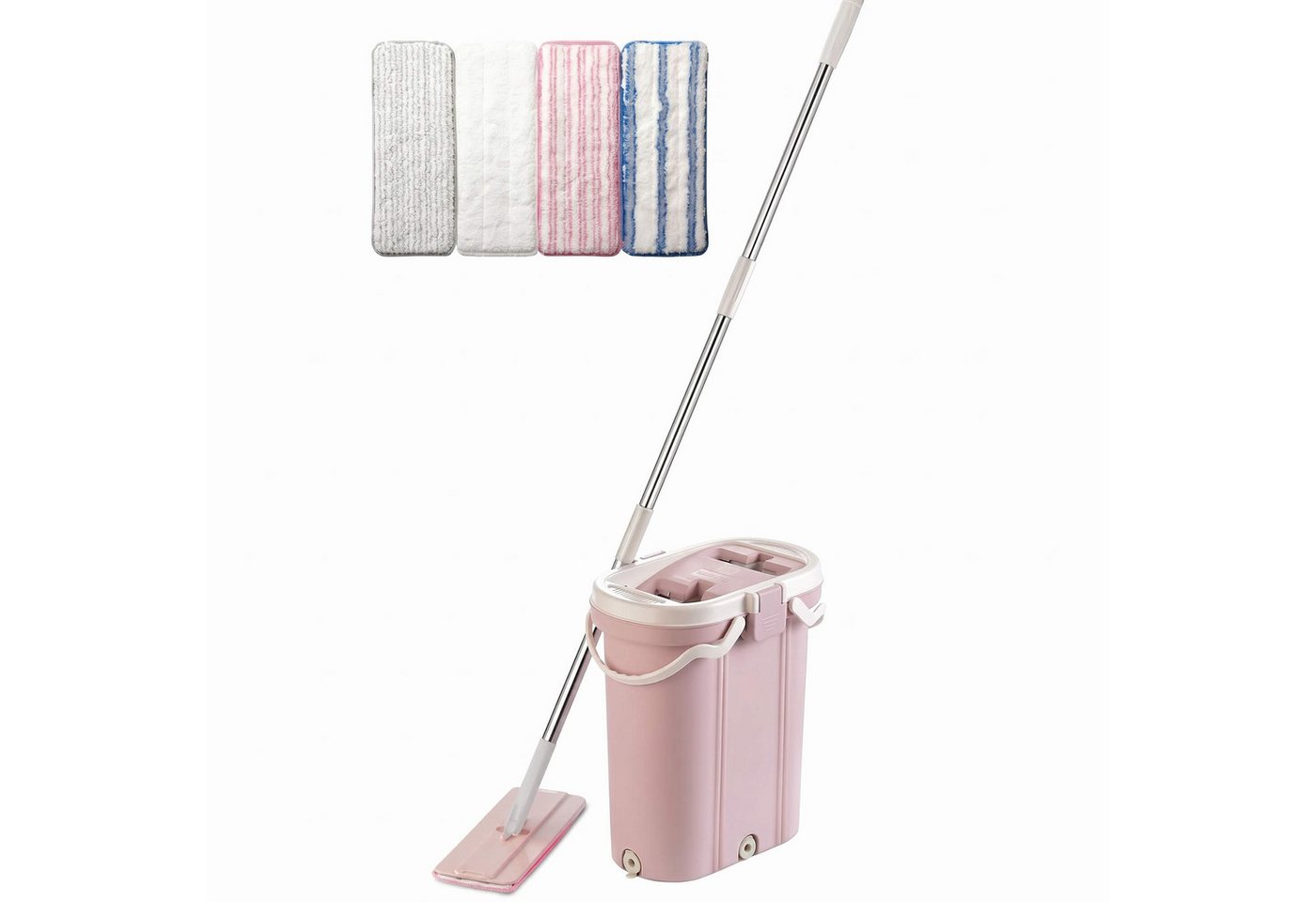 Vip Ahmet Wischmopp Wischmopp Set – Bodenwischer, 4xPad, (7-teilig (1 Eimer, 1 Edelstahlstiel, 1 Mopkopf, 4 Mikrofaserpads), Mop-Reinigungsset mit 3-Kammer-System
