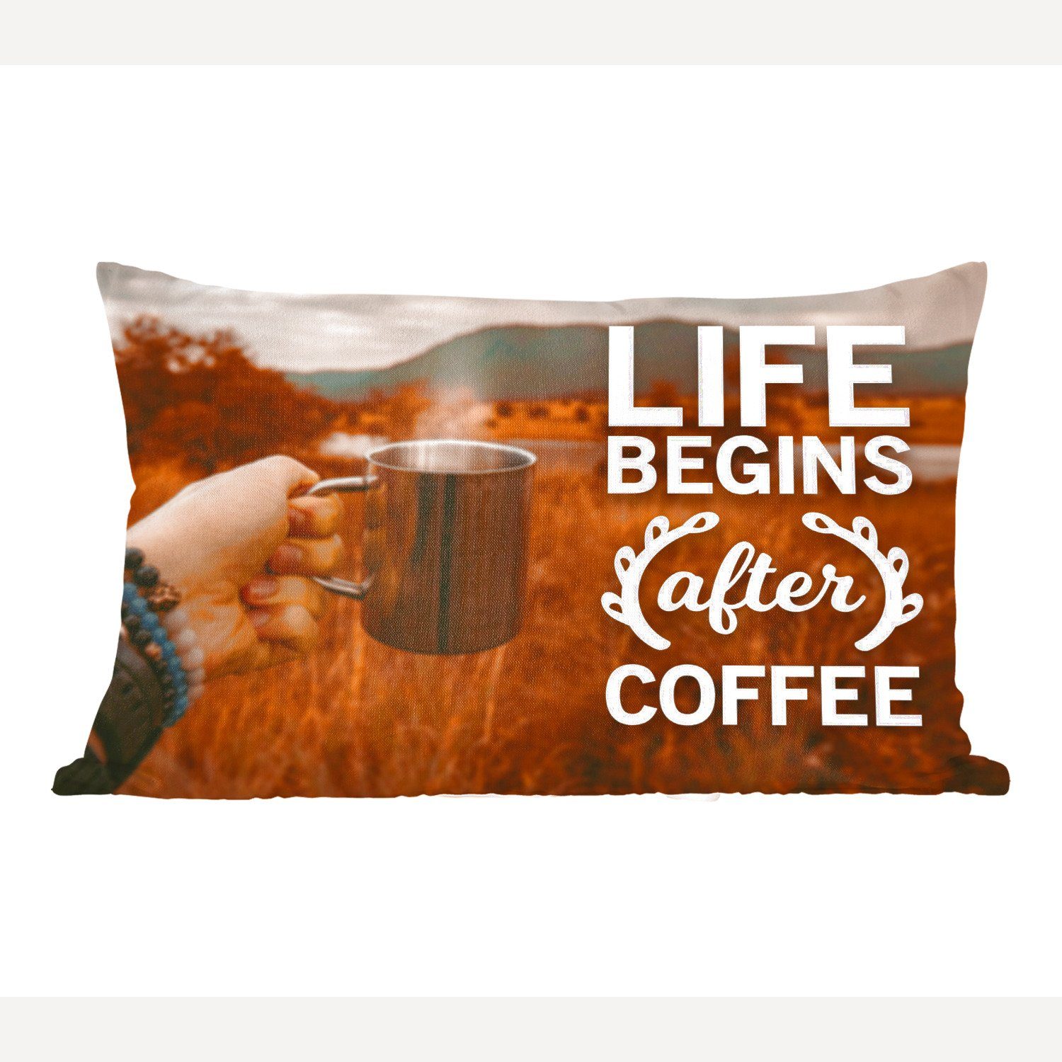 MuchoWow Dekokissen Kaffee - Zitate - Sprichwörter - Das Leben beginnt nach dem Kaffee, Wohzimmer Dekoration, Zierkissen, Dekokissen mit Füllung, Schlafzimmer