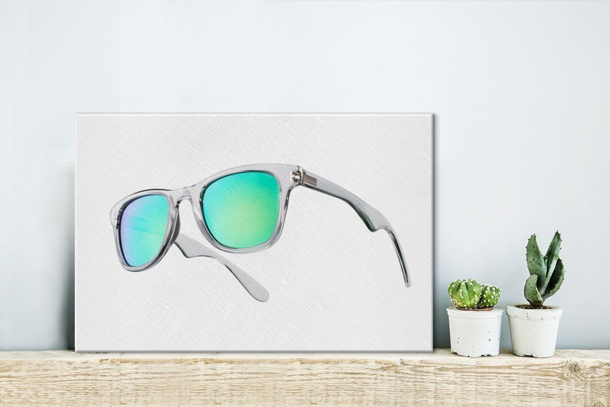 Leinwandbilder, Sonnenbrille Wandbild Wanddeko, mit St), cm 30x20 (1 grünen Gläsern., OneMillionCanvasses® Aufhängefertig, Leinwandbild