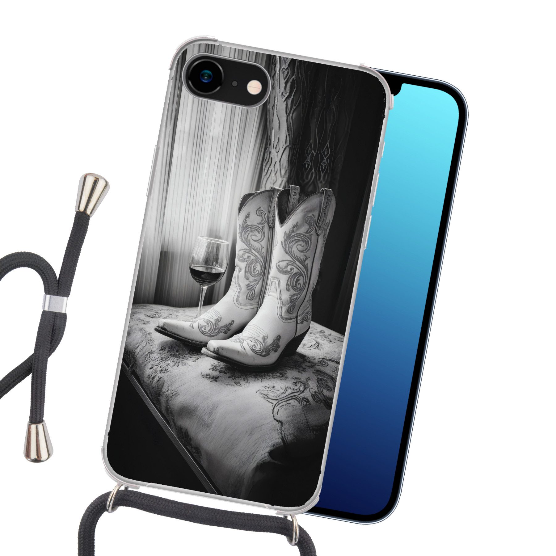 MuchoWow Handyhülle für Apple iPhone 7 Wein - Cowboystiefel - Fensterlicht - Weiß, Tragbare Handyhüllen mit Kette zum umhängen, Handykette Handyband