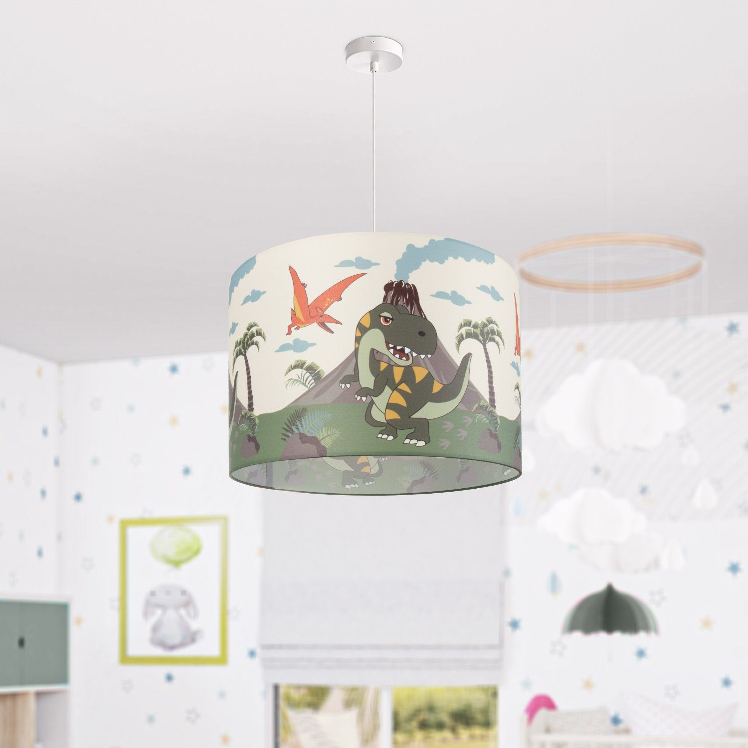 Paco Home Pendelleuchte Diamond 636, Kinderzimmer E27 Deckenlampe Dinosaurier, LED ohne Leuchtmittel, Lampe Kinderlampe