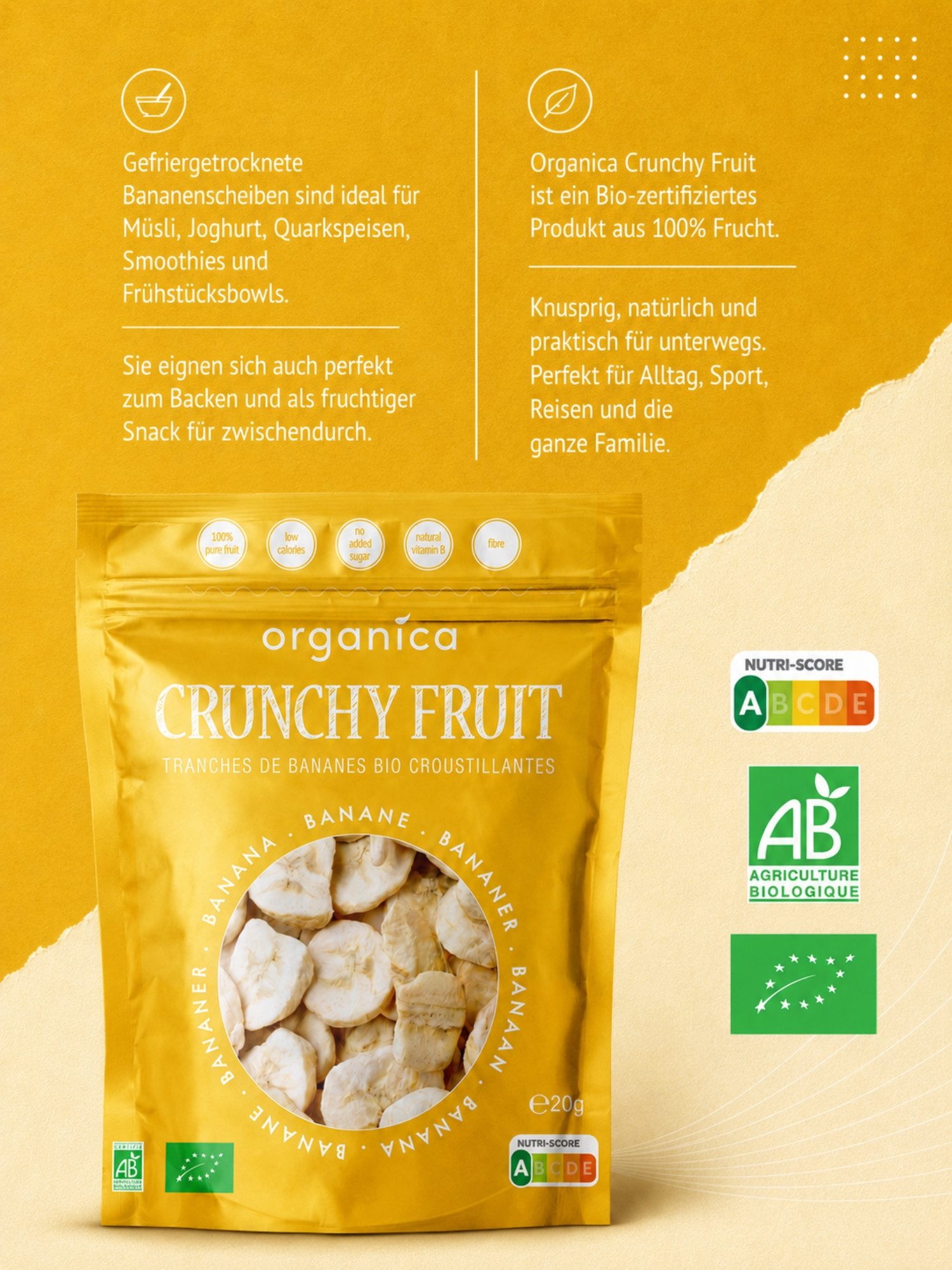 Organica Trockenfrüchte Trockenfrüchte Gefriergetrocknete Bio-Banane, knuspriger Fruchtsnack, 1 x 20 g
