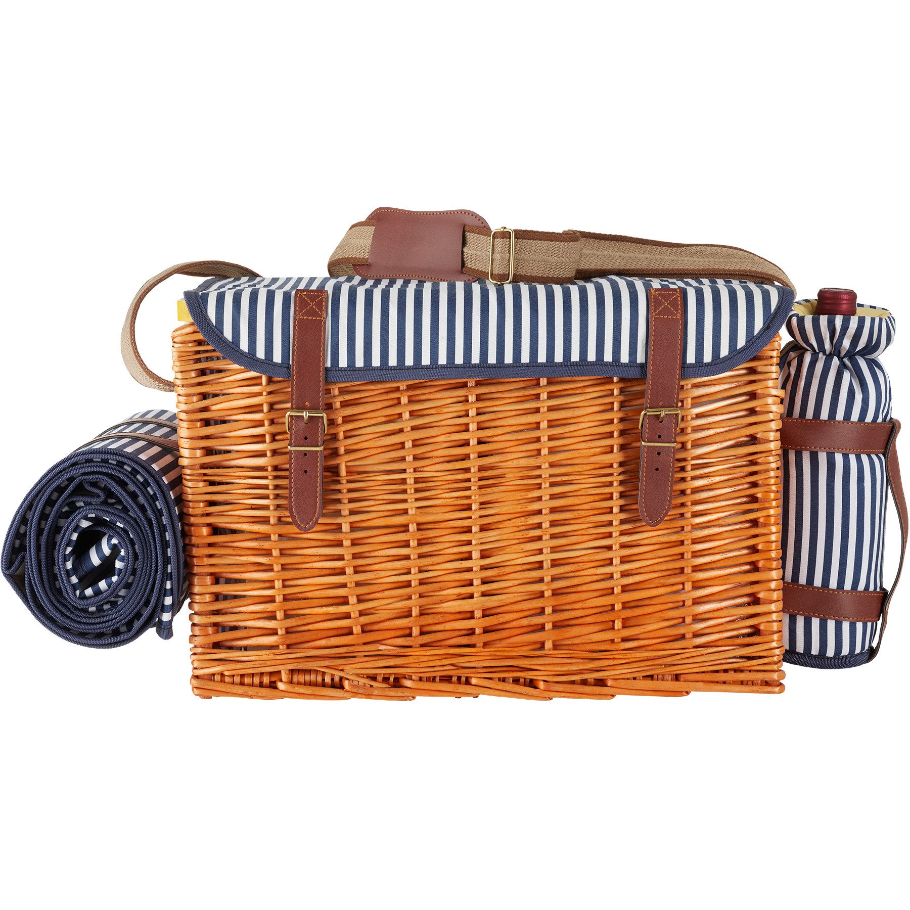 tectake Picknickkorb Weiden-Picknickbox für 4, 46,5x32x30 cm, Decke, Kühlfach/Tisch (Picknickkoffer Rügen, in braun), 20-tlg. Geschirr, Messer/Streuer/Weinkühler, 2 Schnallen, Verstellgurt