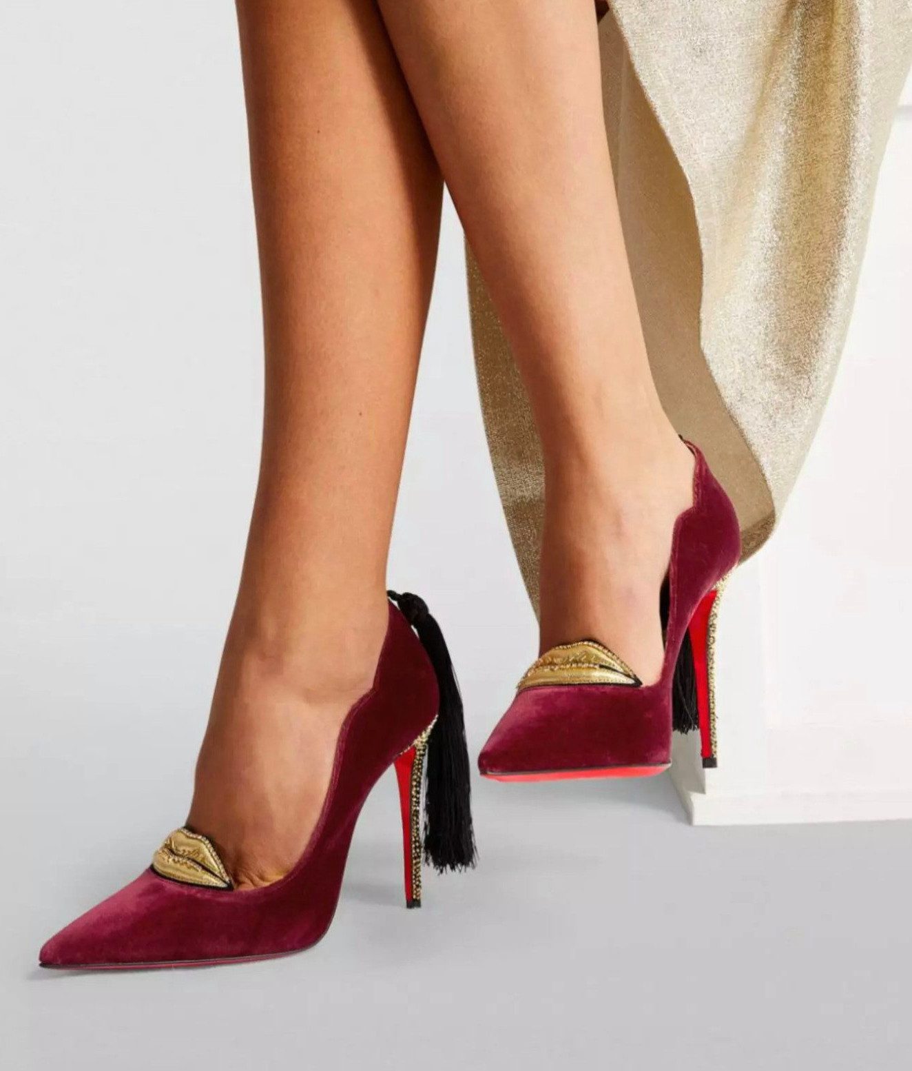 CHRISTIAN LOUBOUTIN Schuhe Pumps Hot Chick Kiss Tasselled Samt Gold High Heels High-Heel-Pumps Kristallen verzierte Lippen an der spitzen Zehenpartie