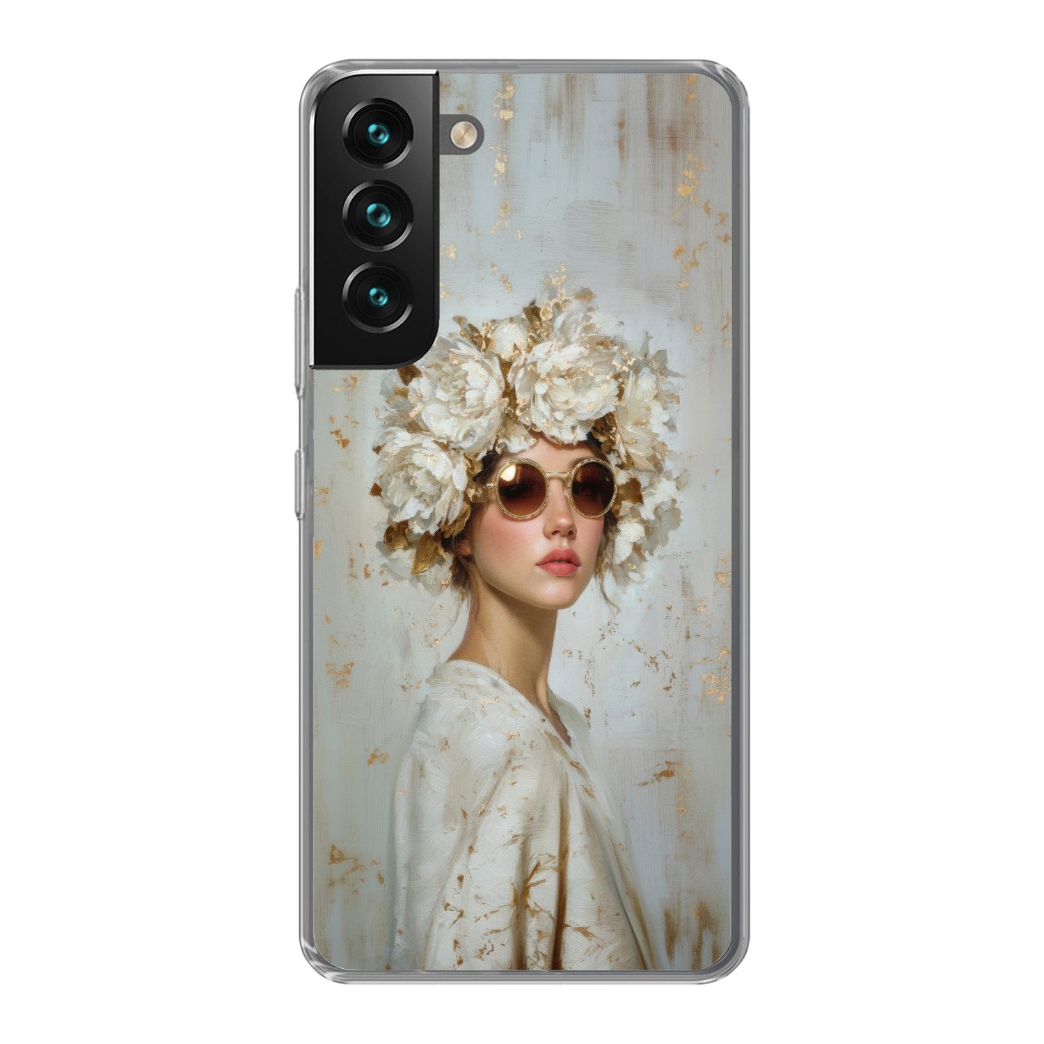 MuchoWow Handyhülle für Samsung Galaxy S22 Gemälde - Frau - Sonnenbrille - Blumenkranz, Phone Case, Silikon, Schutzhülle Dünn