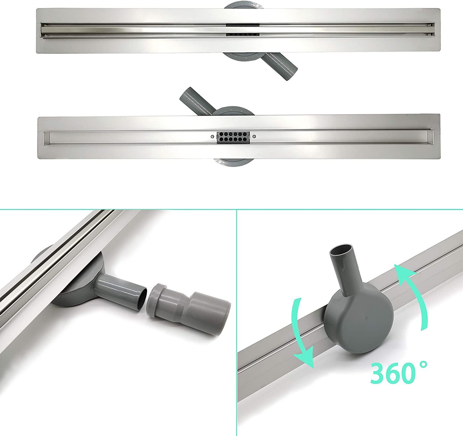 Elbe Duschrinne Linear 60-80 cm,Siphon mit Geruchsstop und Haarsieb, Set, mit Bodenbefestigung, Randablauf, Edelstahl Ablaufrinne, 70 cm