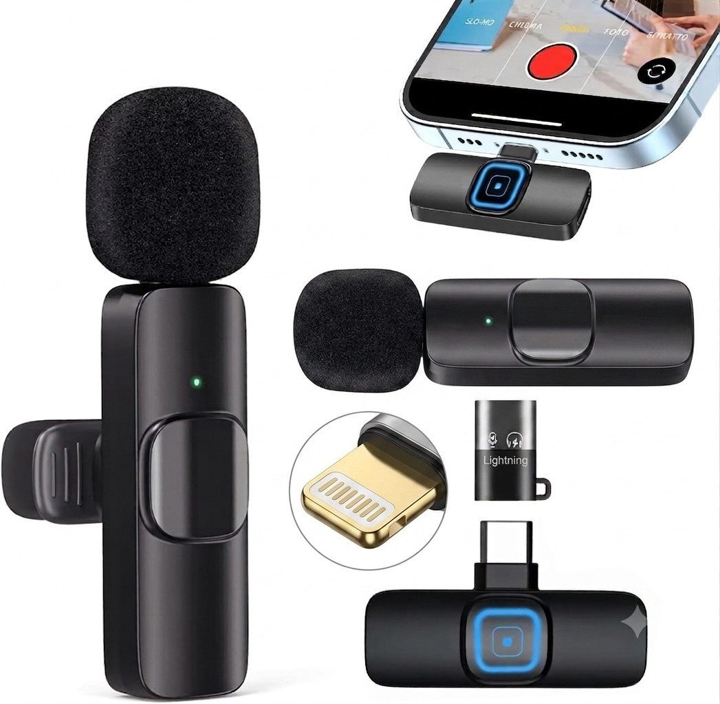 DayDup Mikrofon Kabelloses Lavaliermikrofon mit USB C und Lightning Adapter Set (Kabelloses Smartphone Mikrofon Set für Video und Live Streaming), Kabelloses Lavaliermikrofon mit USB-C Empfänger und Lightning Adapter