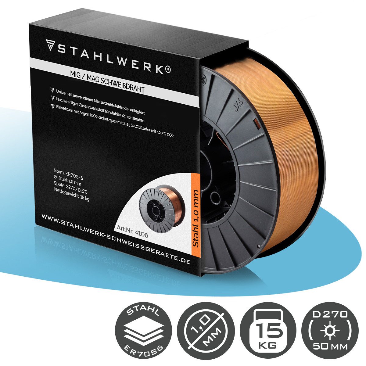 STAHLWERK Schweißdraht 1,0 mm MIG MAG ER70S-6 SG2 auf D270 Drahtrolle 15kg, (Packung), chemische Zusammensetzung garantiert bessere Schweißergebnisse
