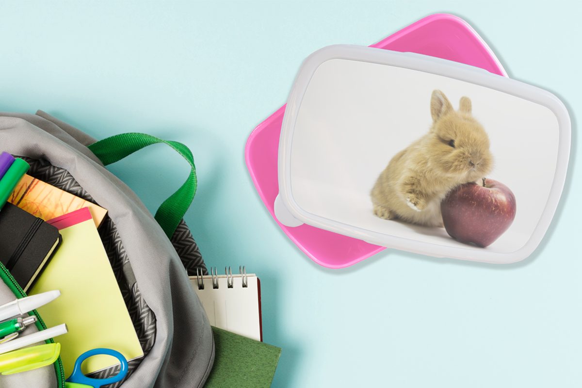 MuchoWow Lunchbox Kaninchen Apfel, Erwachsene, Brotbox für Brotdose - Kinder, Kunststoff, Snackbox, (2-tlg), Kunststoff Baby rosa Mädchen, 