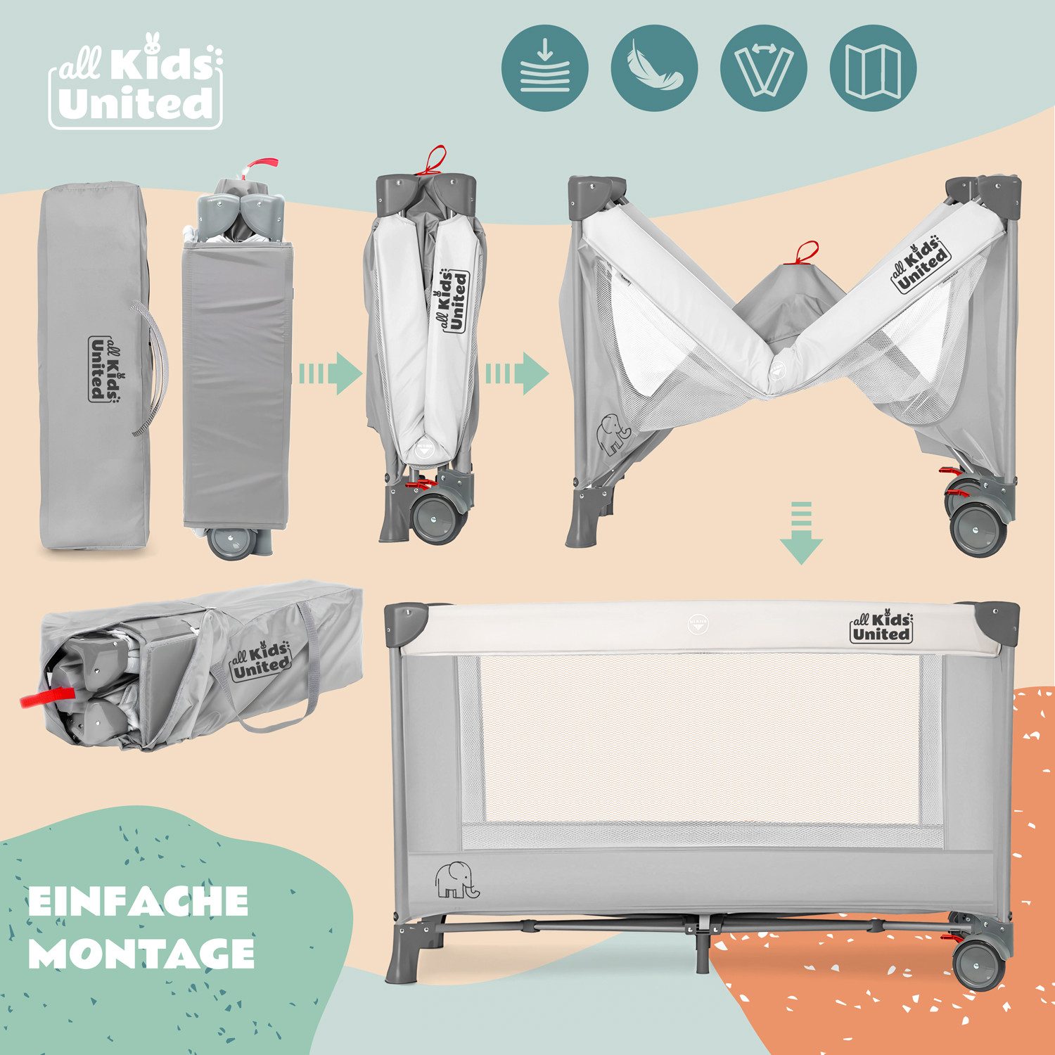 all Kids United Baby-Reisebett Faltbares Baby Reisebett- Babybett mit Matratze, Tragetasche&Stauraum, mit Wickelauflage