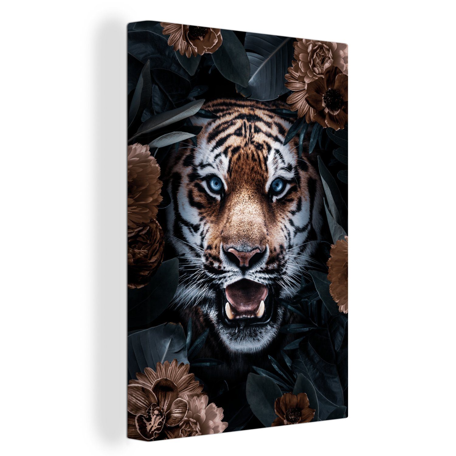 OneMillionCanvasses® Leinwandbild Porträt - Tiger - Blumen, (1 St), Leinwandbild fertig bespannt inkl. Zackenaufhänger, Gemälde, 20x30 cm