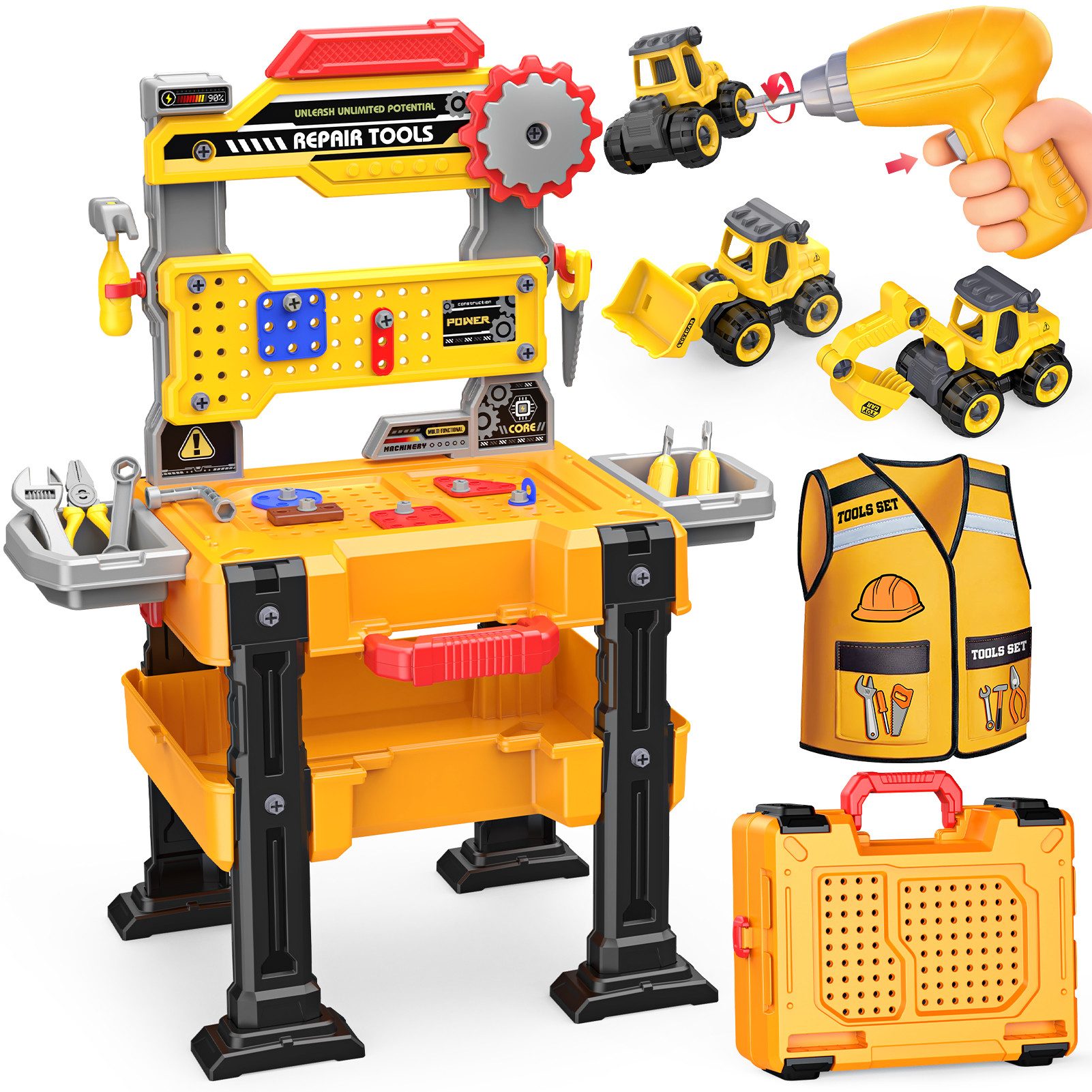 Wootoy Spielwerkzeugkoffer Spielwerkbank Kinder Werkzeugkoffer mit Arbeitskleidung Rollenspiel, (mit Elektrobohrer Hammer Schraubendreher Engländer Knarrenschlüssel, Zerlegbarer Bagger Großer Tragekoffer für ein Handwerker-Erlebnis), Perfekt als Geschenk für Jungen und Mädchen ab 3 Jahren