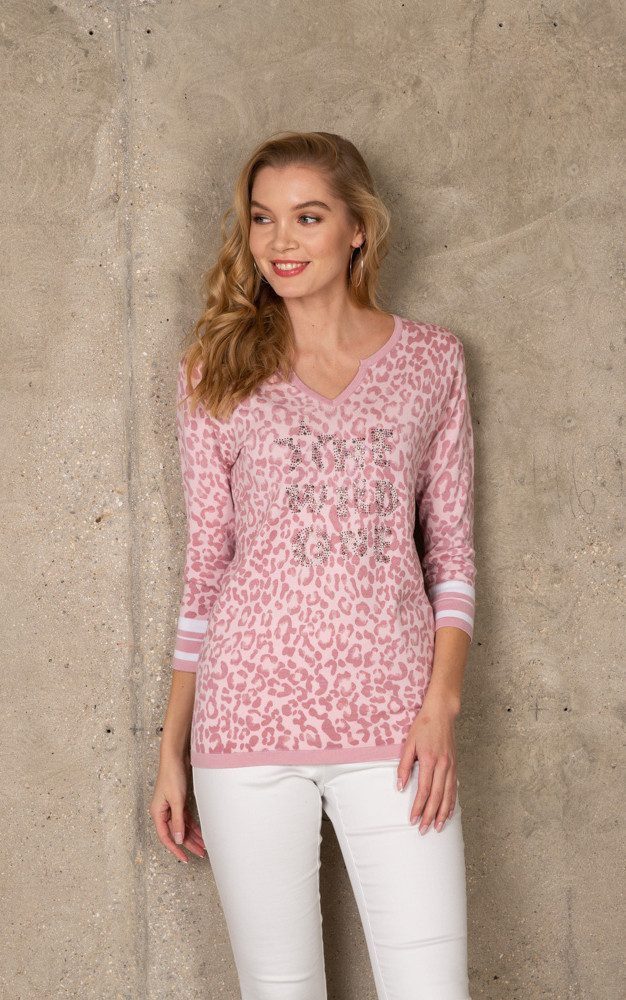 Passioni 3/4 Arm-Pullover mit Leopardenprint Splitneck, günstig online kaufen