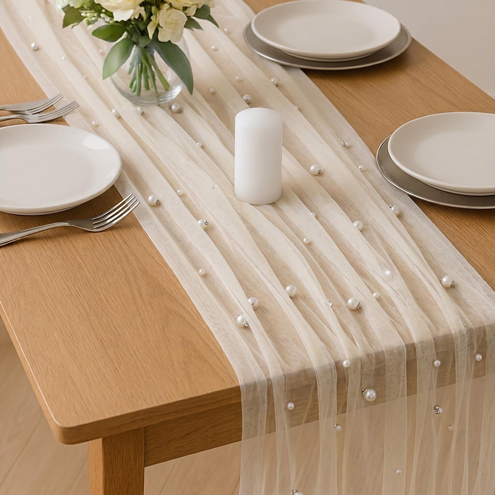 FOUORTUNATE-BEE Tischläufer Tischläufer aus Tüll mit Perlen 75 x 300 cm, Perlentüll Tischdecke (Tüllstoff Netz Tischband Tischdekoration für Hochzeit, Brautparty, Geburtstagsfeier und Hochzeitsbogen)
