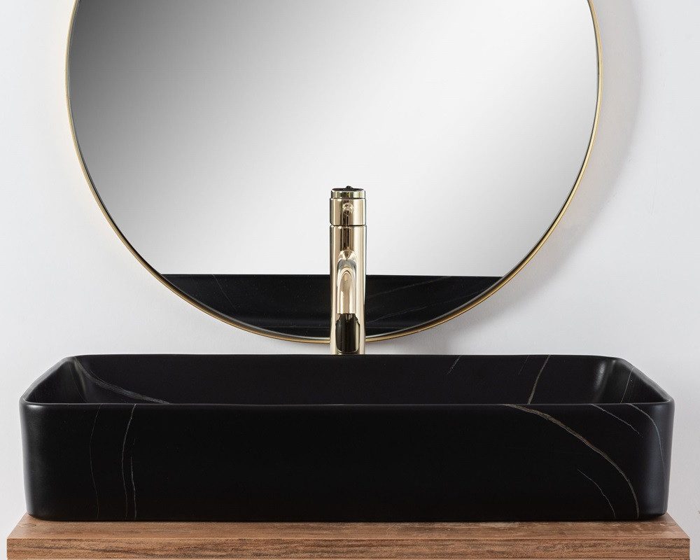 wohnwerk.idee Aufsatzwaschbecken Waschbecken Waschbecken Marmor Optik Schwarz Matt Denis 61,5x35cm