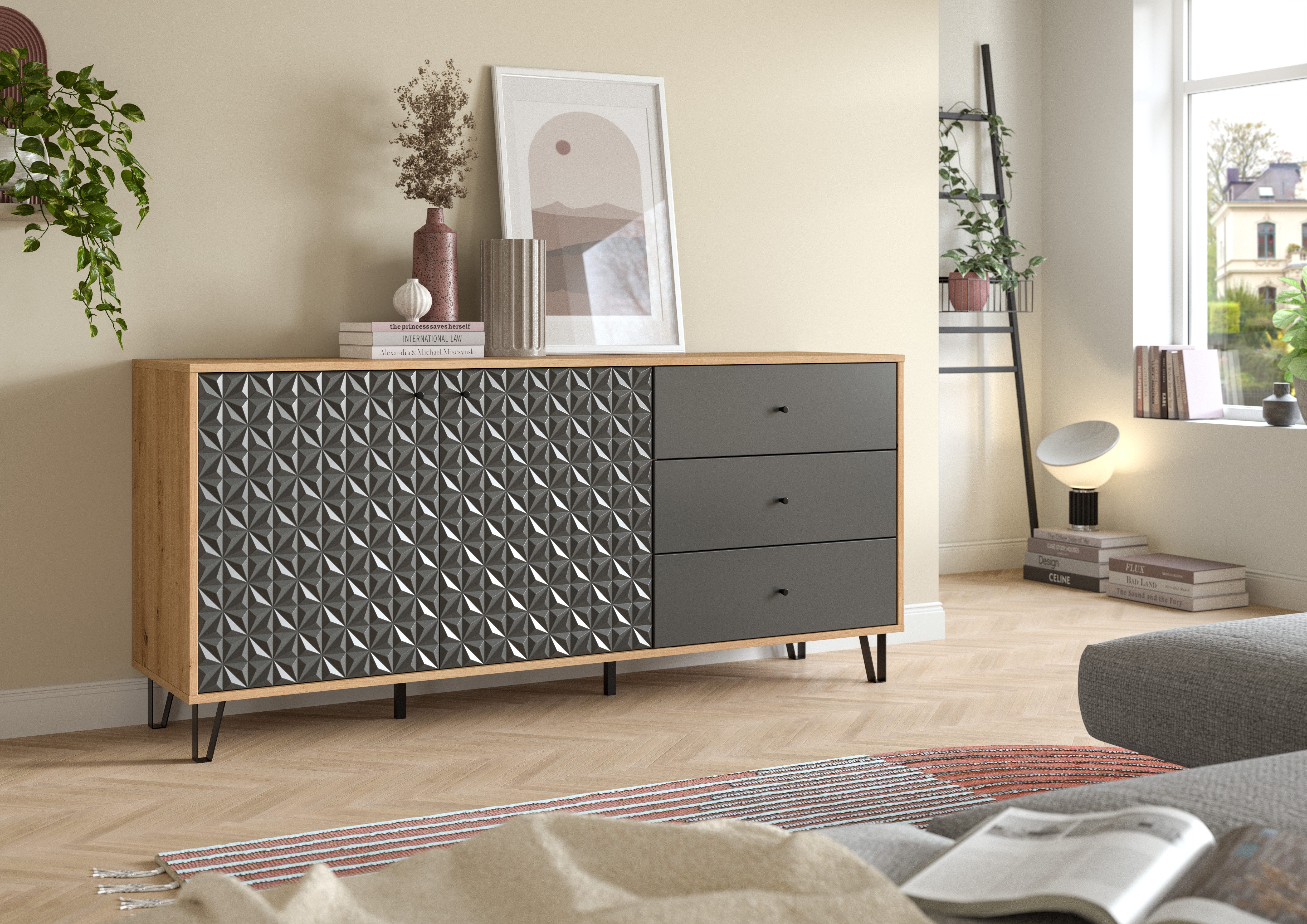 furnling Sideboard Prima, 2 Türen, 3 Schubladen, Prisma Optik in der Front, Breite 169 cm