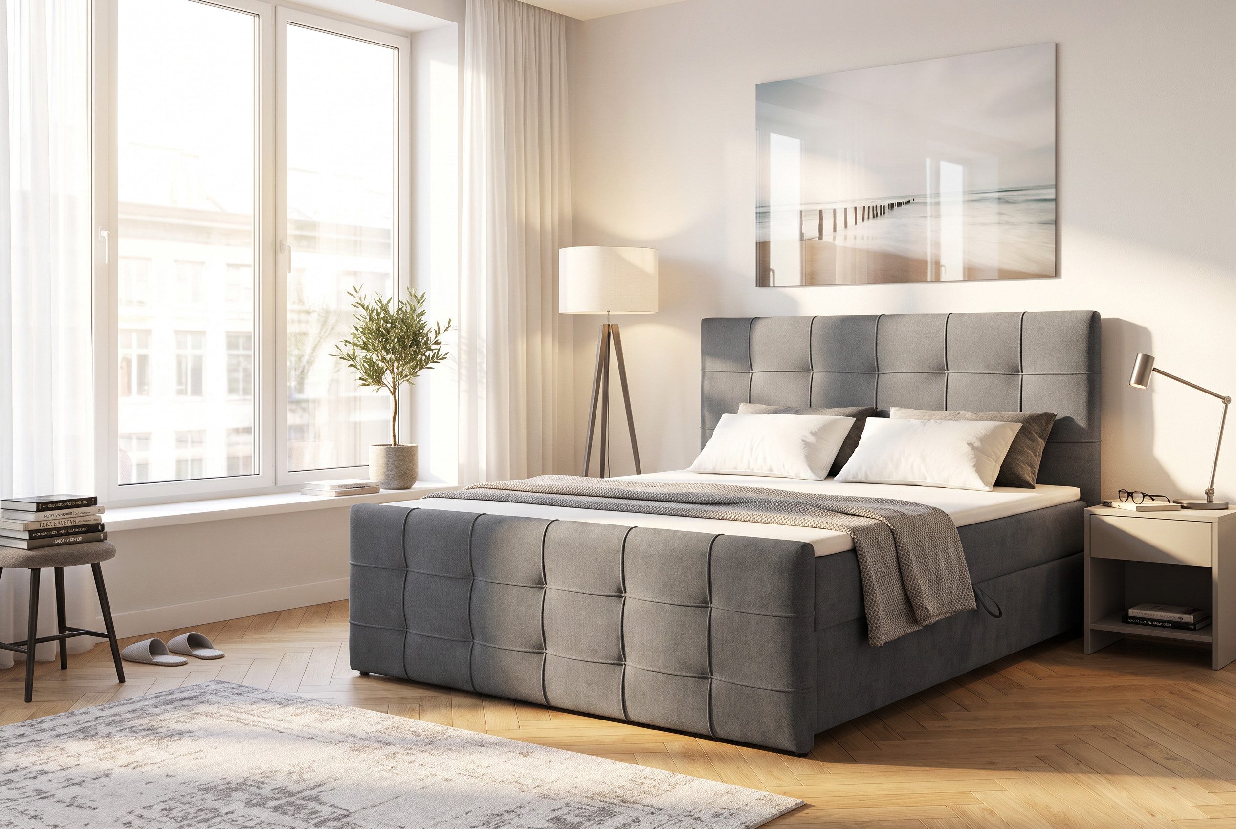 Boxbett LILIENNE, Polsterbett mit Bettkasten und Taschenfederkernmatratze H3