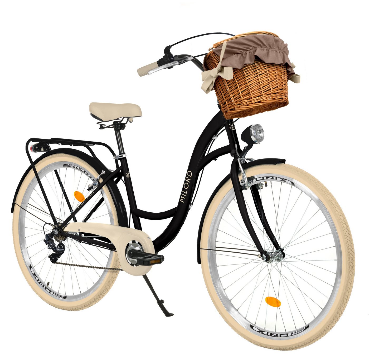 Milord Cityrad Milord City Fahrrad Korb Damen, 28/26 Zoll, Schwarz-Creme, 7-Gang, 7 Gang, (Fahrradständer, Gepäckträger, Klingel, Korb, Kotflügel)
