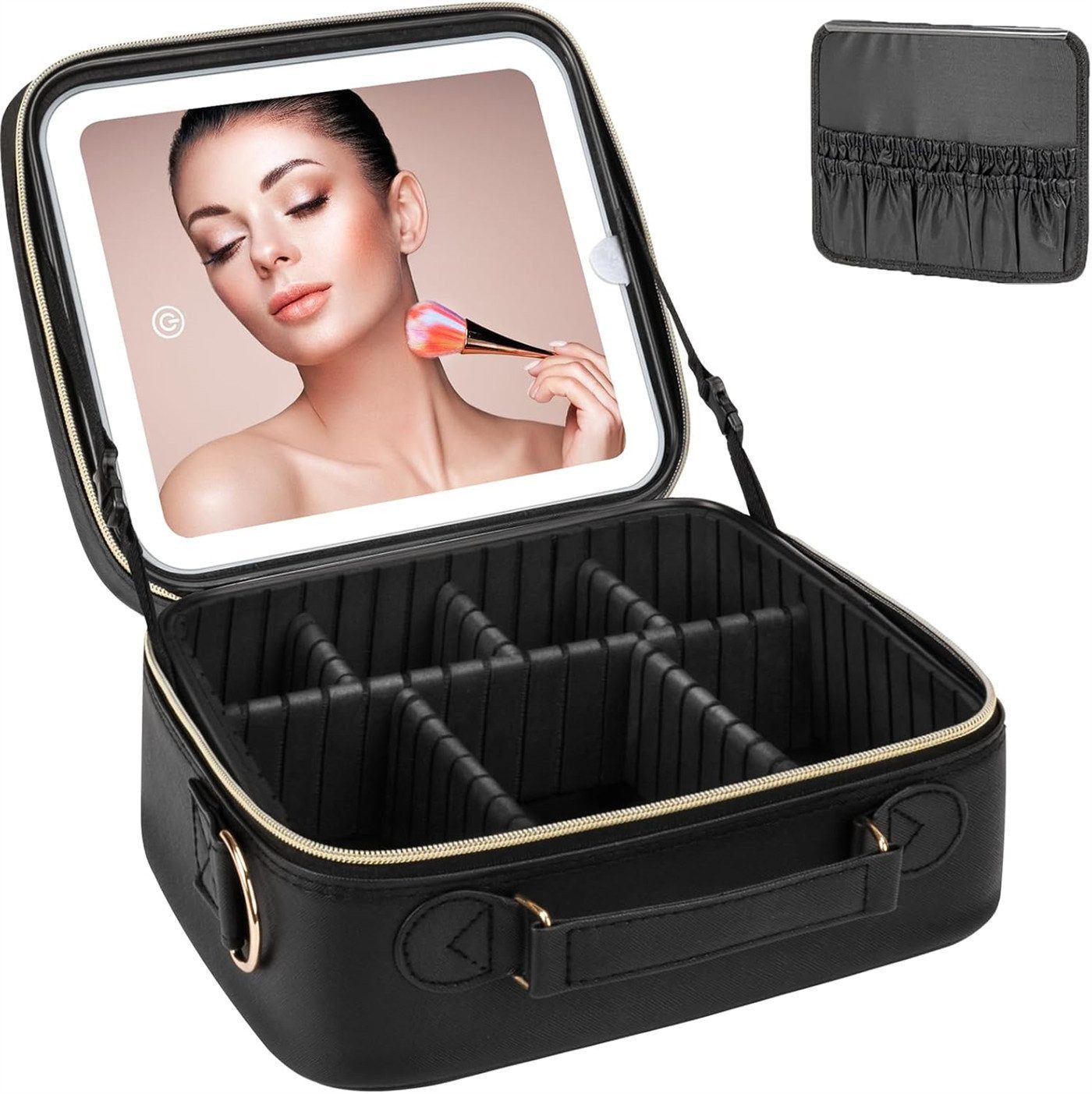 AURIVION Kosmetiktasche Kosmetiktasche Make up Tasche (Set, 1-tlg., USB-C Aufladung,Reisebox für Damen), Kosmetiktasche mit LED Spiegel SchminktascheMit großer Pinselstauraum