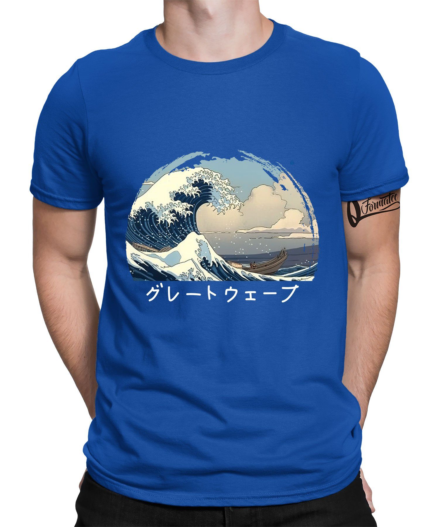Anime Great Ästhetik Kanagawa T-Shirt off Kurzarmshirt Quattro Formatee Blau Herren Wave (1-tlg) Japan -